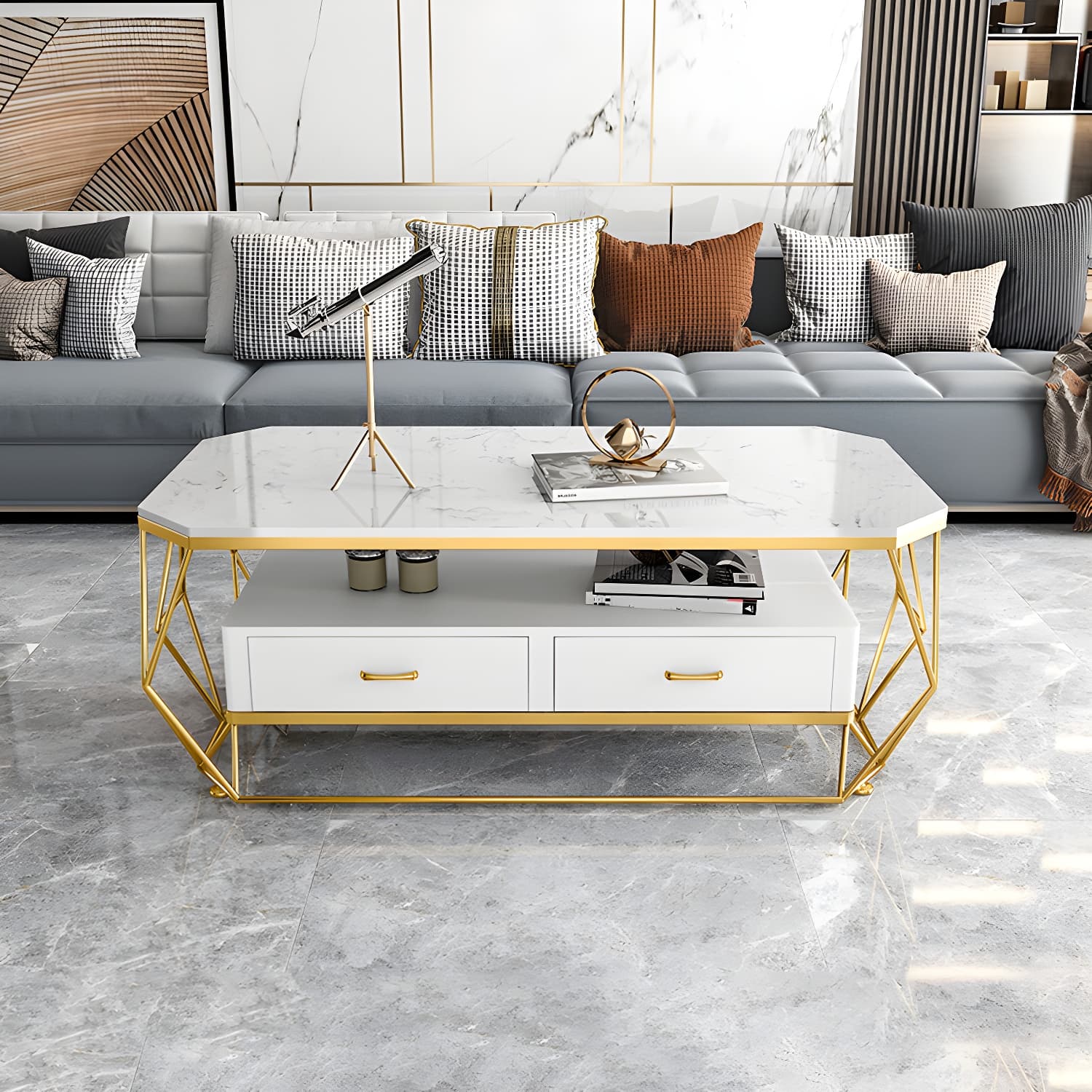 Glam Golden Frame Coffee Table with Storage Drawers Cocktail Table - image 14