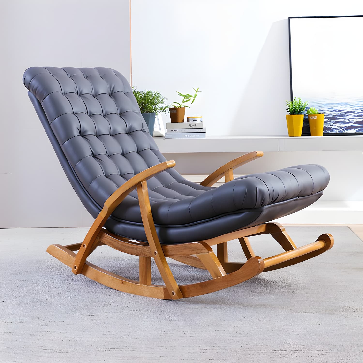 Stylish Upholstered Rocking Chair with Natural Wood Legs In Modern Design - image 5