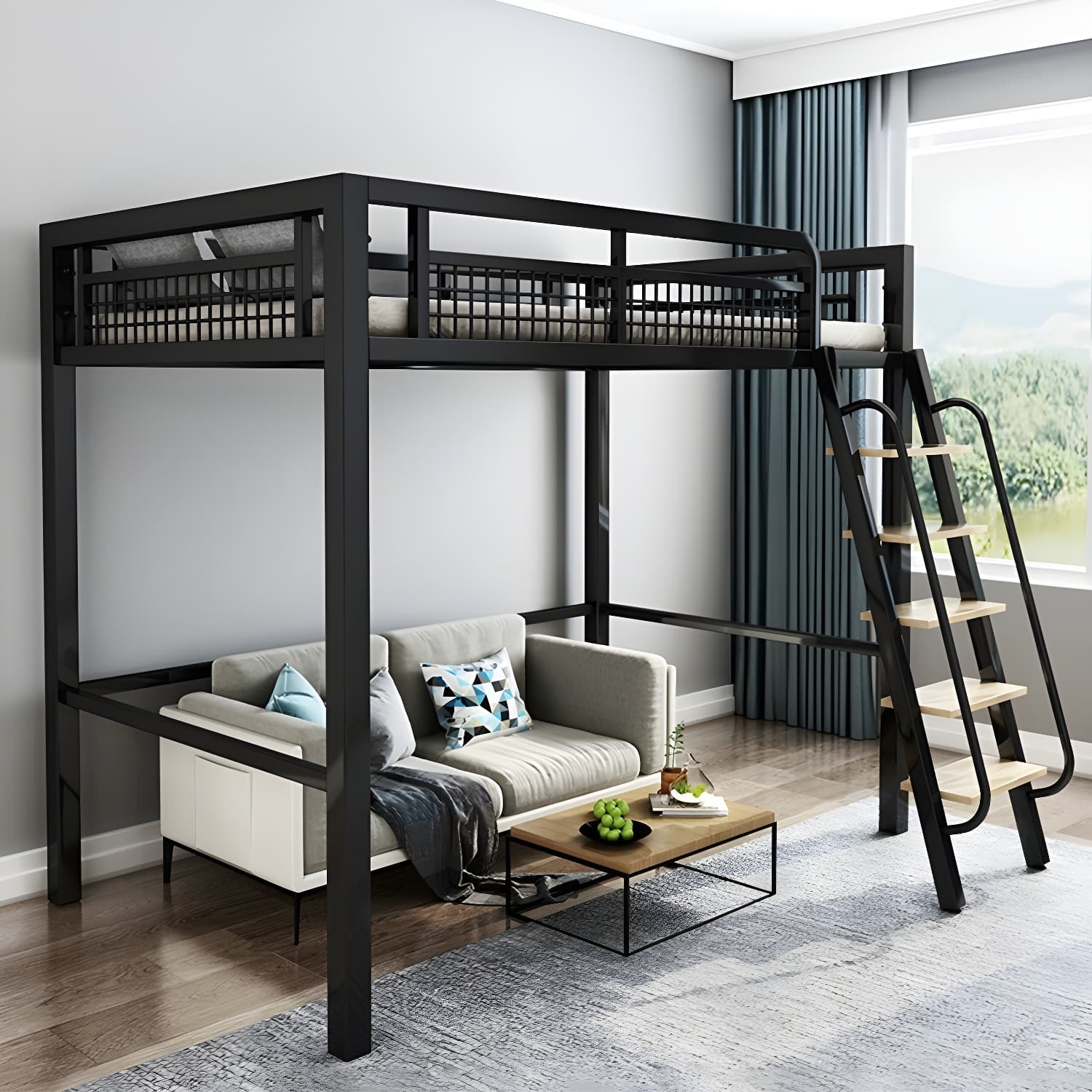 Contemporary Metal Bed 82.67" Tall Open-Frame Bed in Black/White - image 5