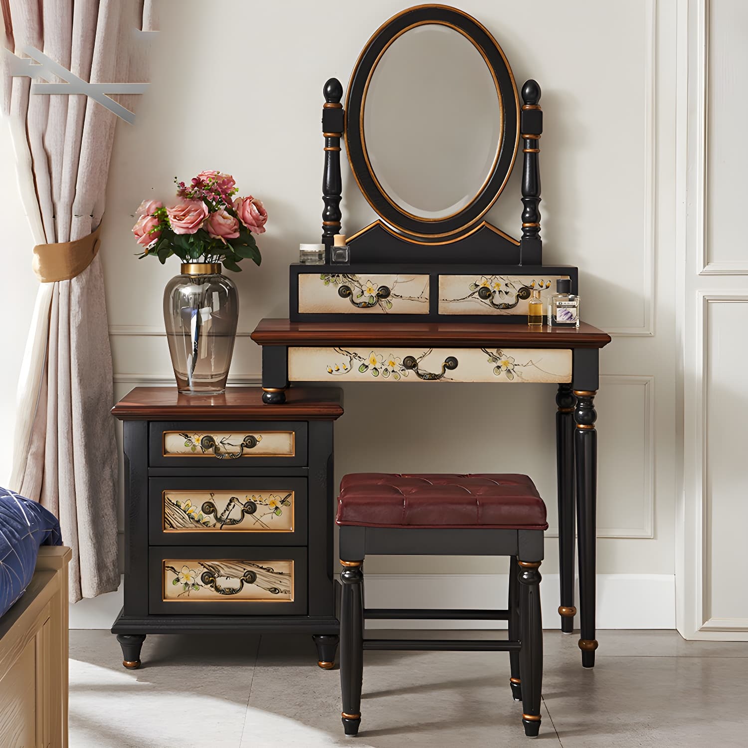 Victorian Wood Vanity Table with Mirror and Stool 15.75" D Vanity Table Set - image 3