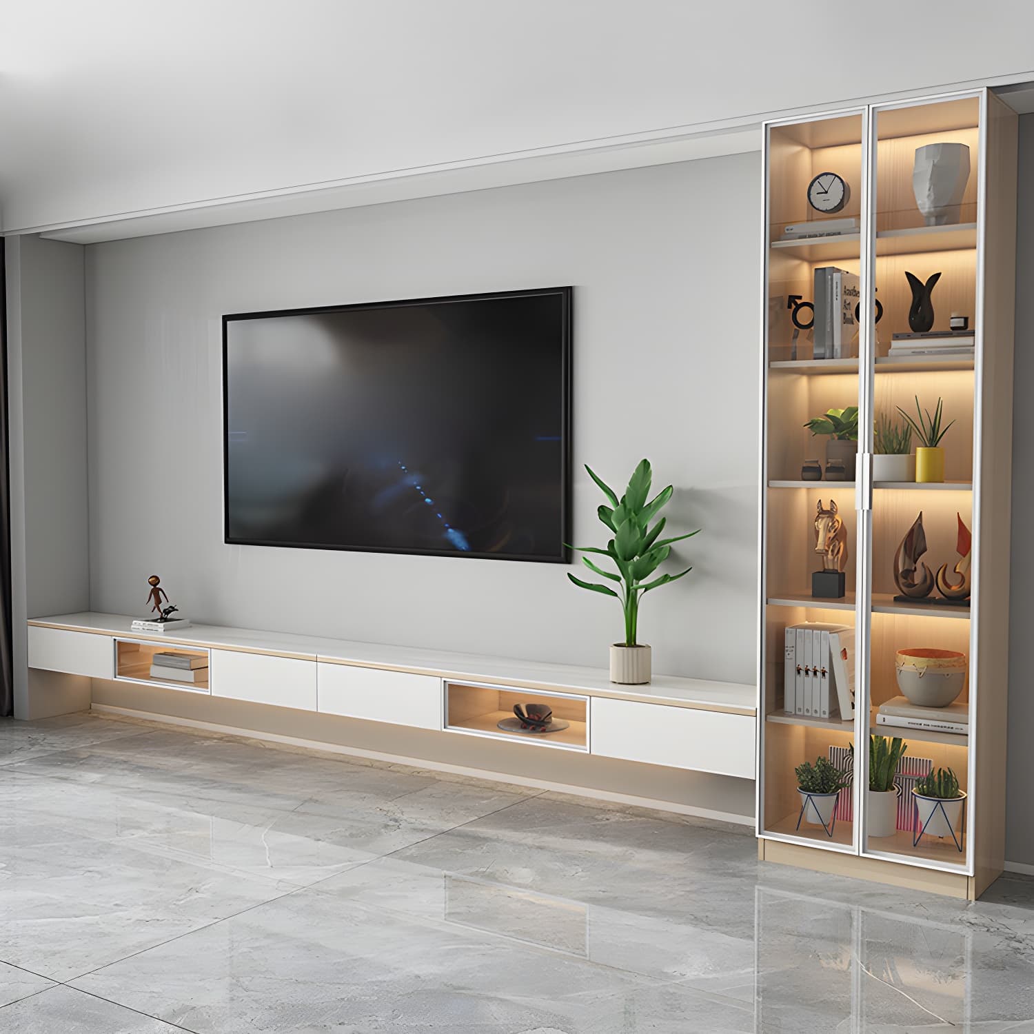 Contemporary with Drawers Stone with Cabinet Solid Wood with Shelves TV Console - image 7