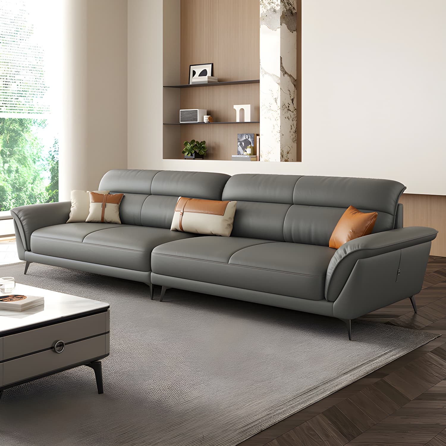 Modern Gray Leather Sectional Sofa with Flared Arms and Storage Not Included
