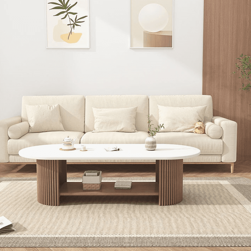 Oval Natural Wood Coffee Table with Twin Support Base, Repository, and 1 Shelf - image 5