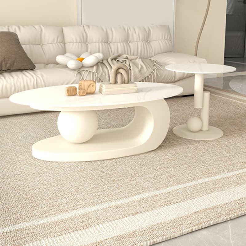 White Stone Modern Coffee Table with Abstract Steel Base for Living Room - image 3
