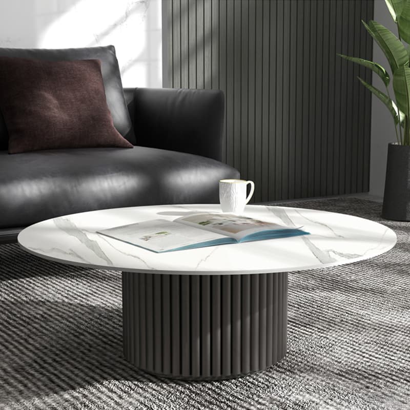 Modern Round Stone Top Coffee Table with Sturdy Metal Pedestal Base in Standard Height - image 8