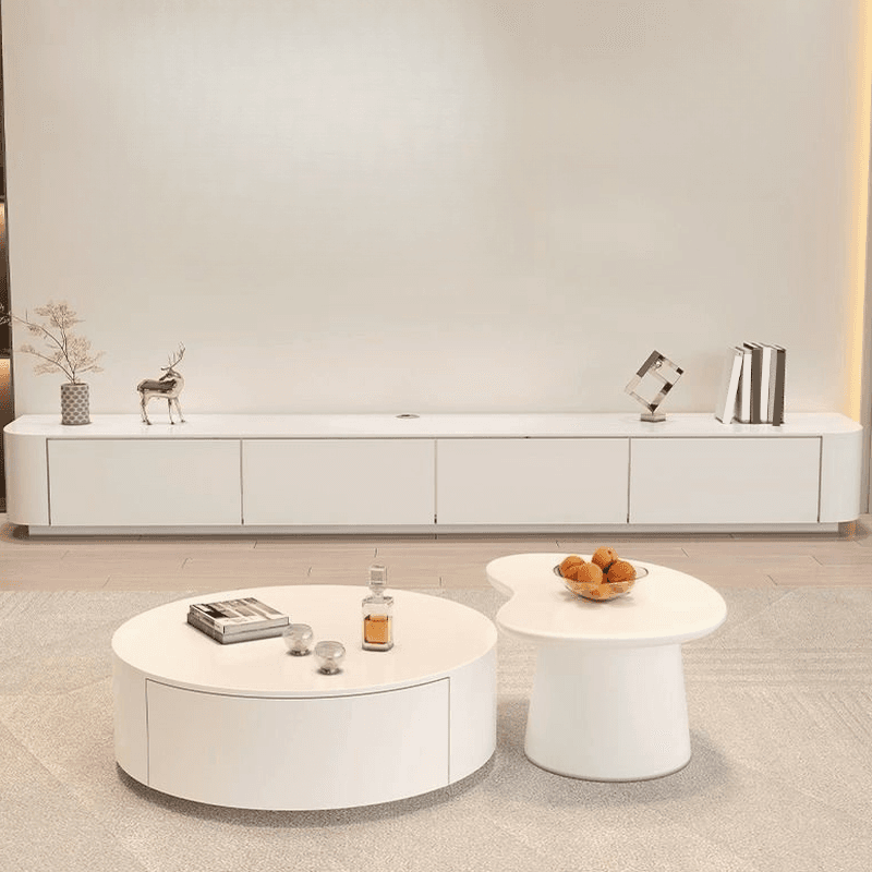 White TV Stand for Sleeping Quarters with Shelf, 2 Drawers, 2 Cabinets, Cable Management, and Gate Doors