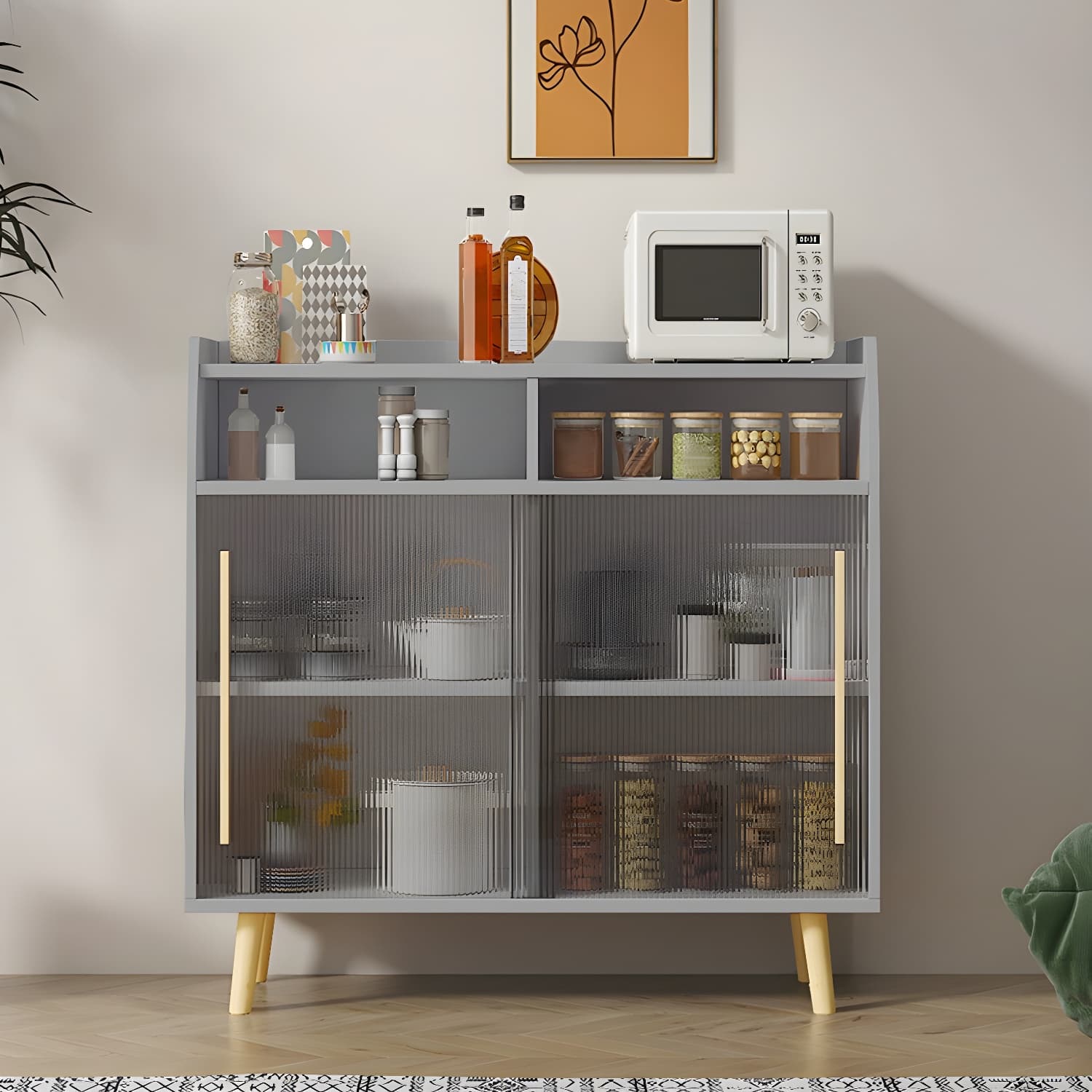 Scandinavian Wood Sideboard Credenza with Acrylic Doors and Cabinet Storage
