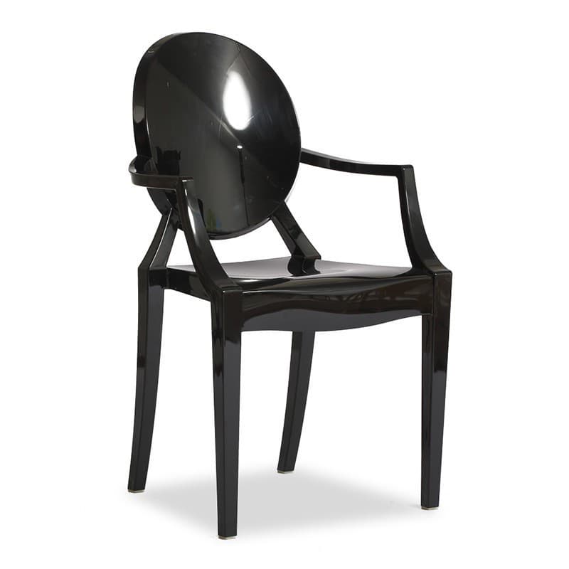 Scandinavian Reliable Arm Chair in Plastic for Dinette with Open Back and Foot Pads