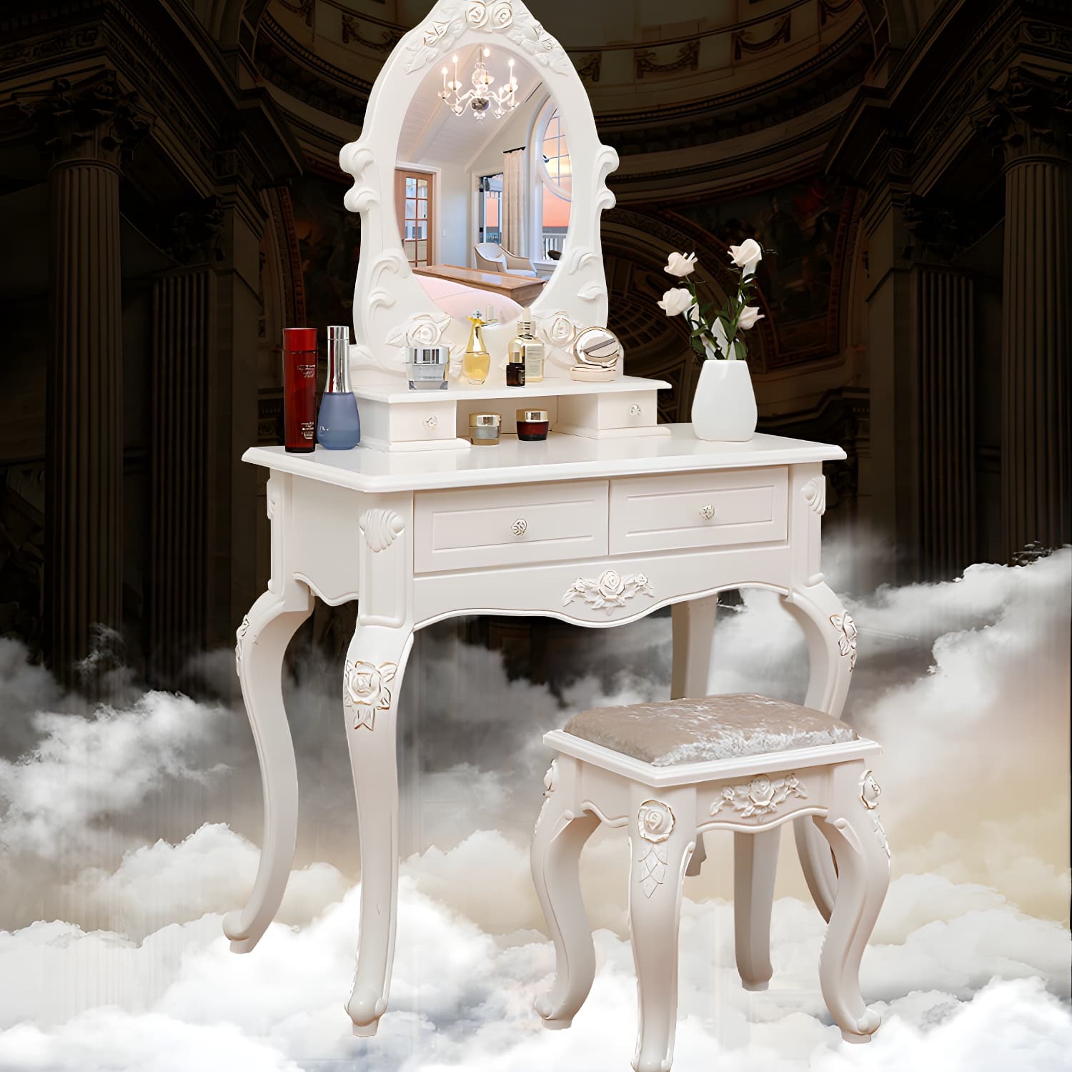 Victorian Bedroom With Drawer Mirror Solid Wood Makeup Vanity Set - image 12