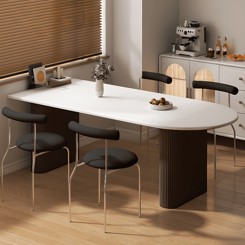 Minimalist Dining Table Set with White Slate Top and Two-sided Pedestal Base, Featuring a Fixed Table - image 4