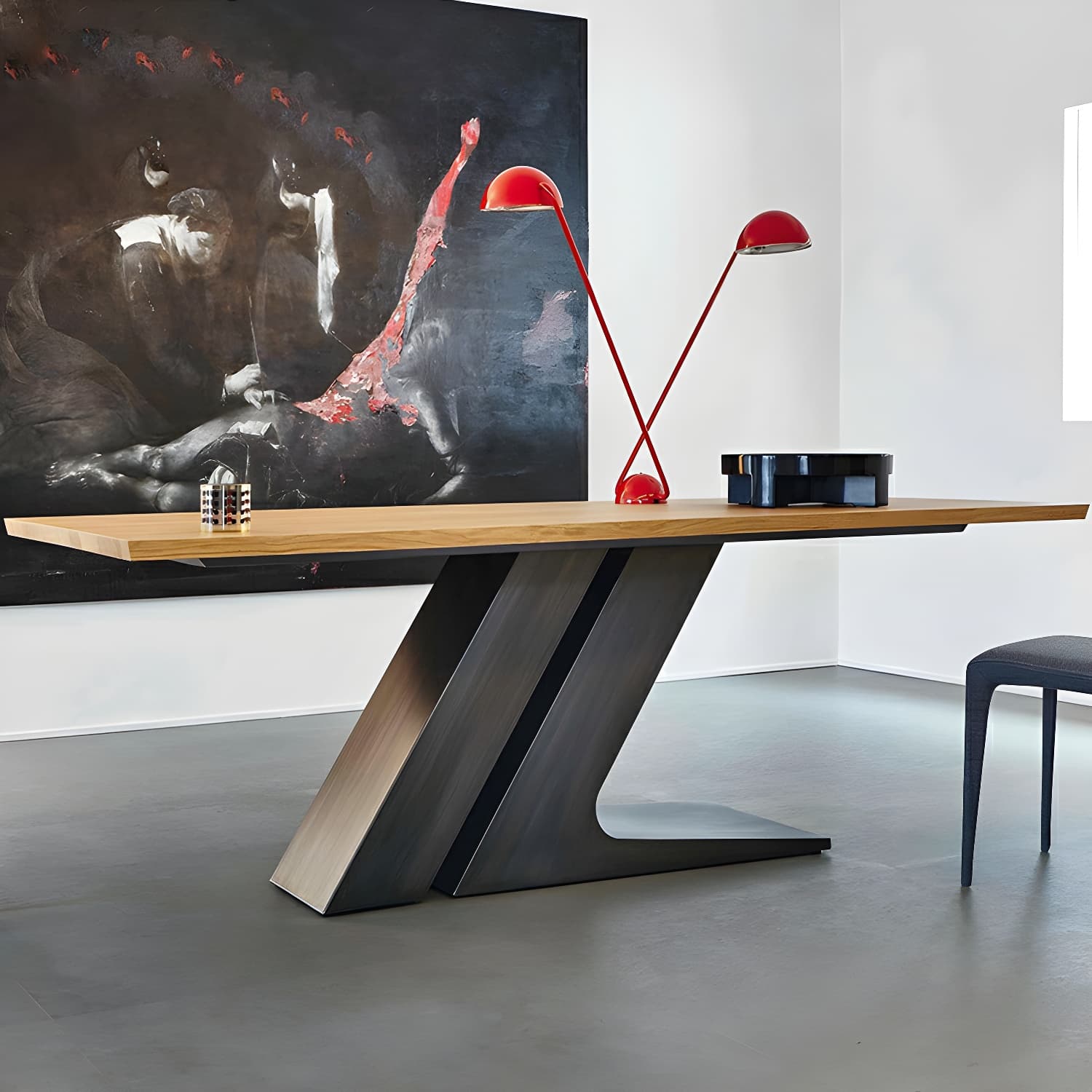 Modern Black Rectangle Wood Top Kitchen & Dining Table with Pedestal Base in Iron