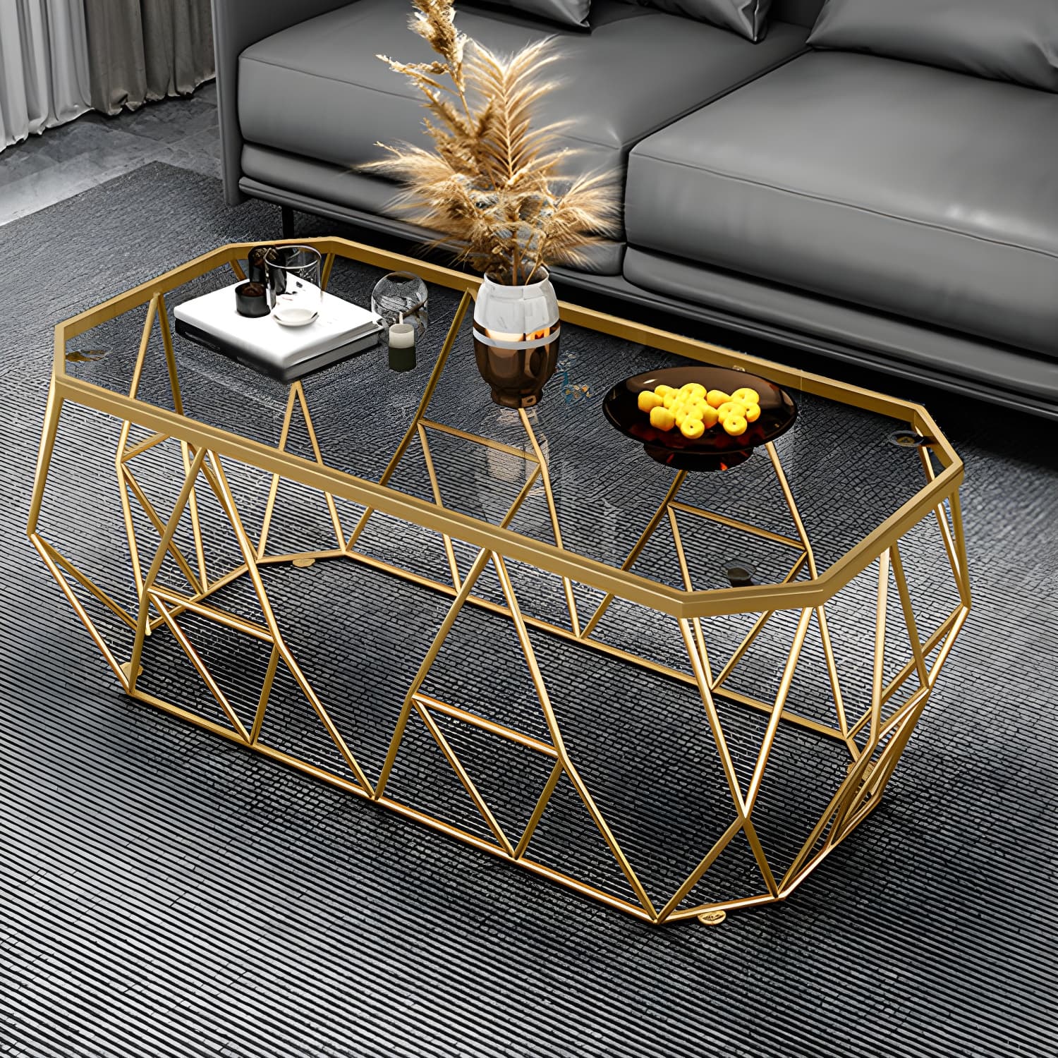 Octagon Glass Glam Coffee Table with Gold Iron Frame and Tempered Glass Top - image 4