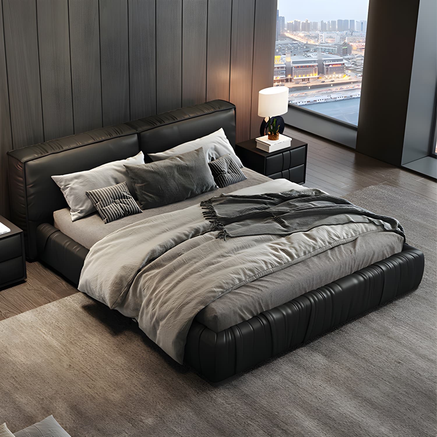 Modern Style Upholstered Solid Wood Headboard Black Leather Bed - image 3