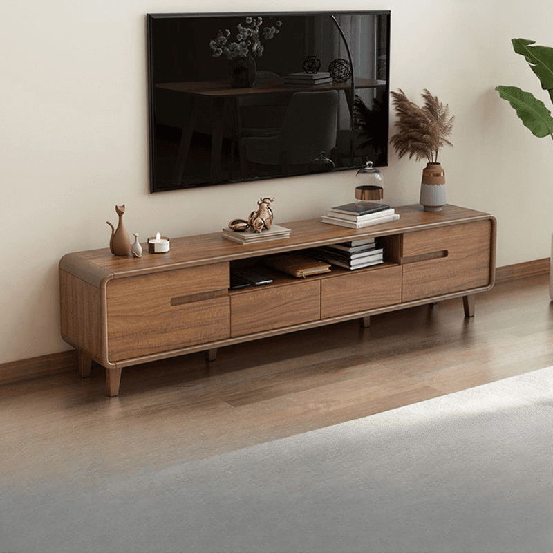Old School Rectangular Open Shelving Natural Wood TV Stand with Natural Finish and Gate Doors - image 5