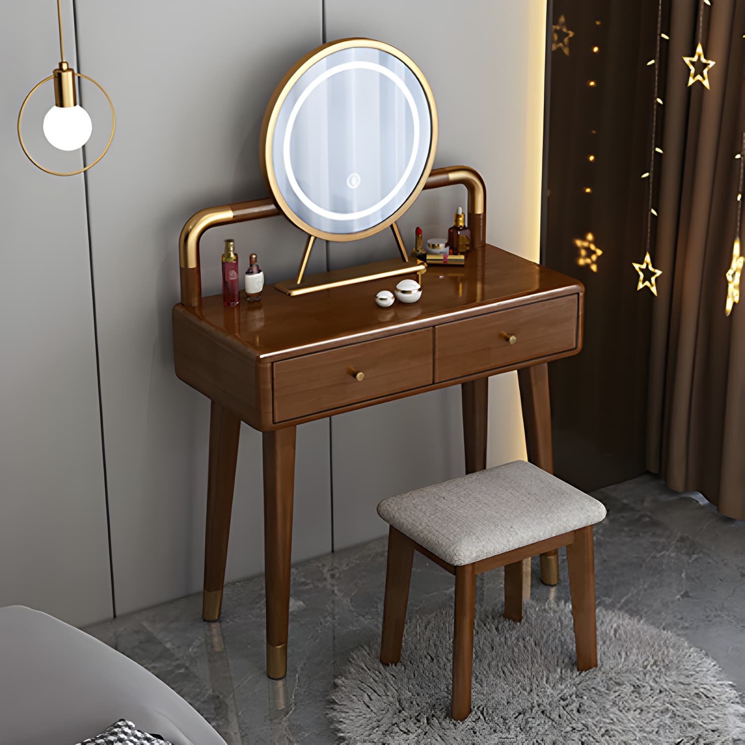 Solid Wood Make-up Vanity With Drawers and Stool for Bedroom - image 3