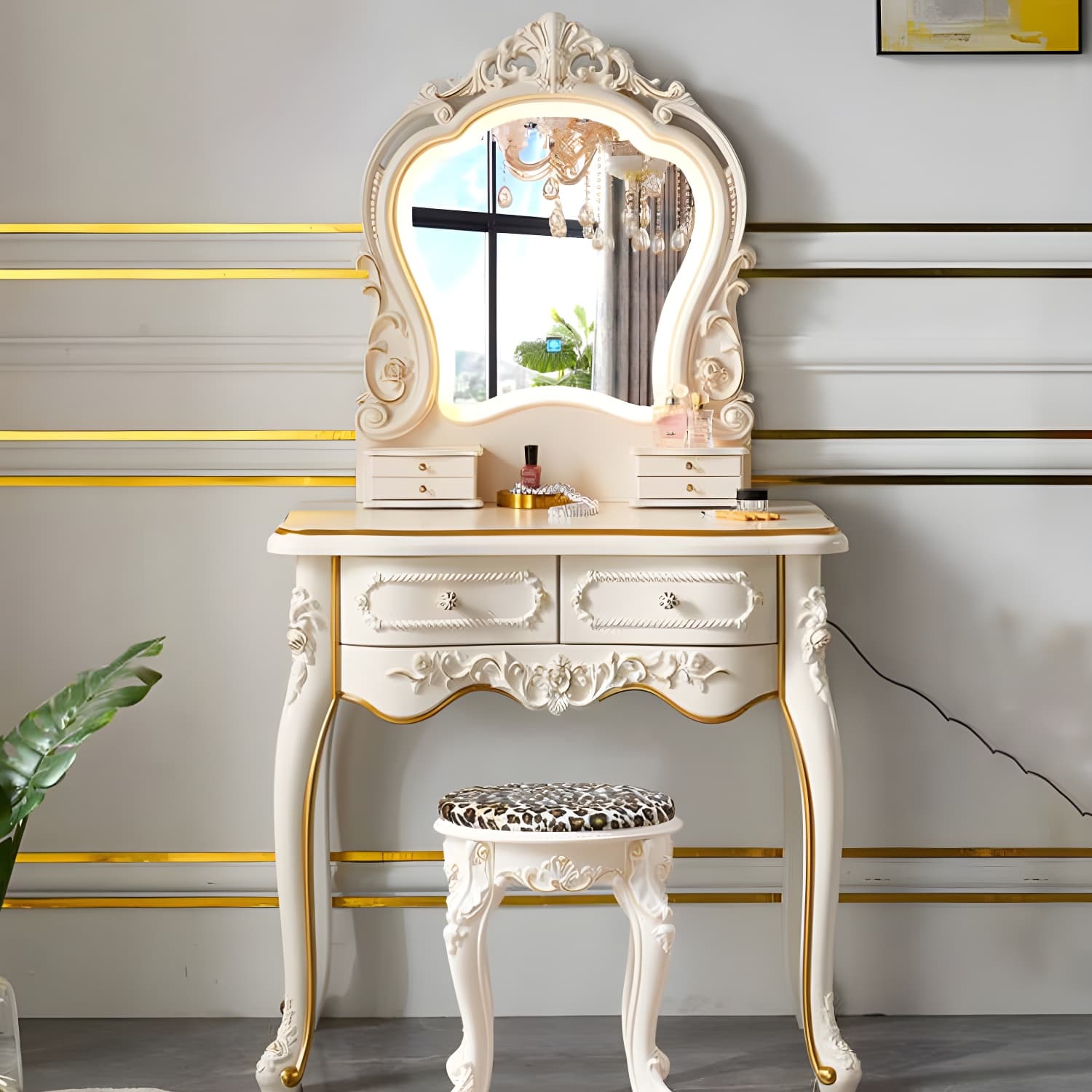 Victorian Make up Table Stool Set with Mirror and Drawers for Bedroom