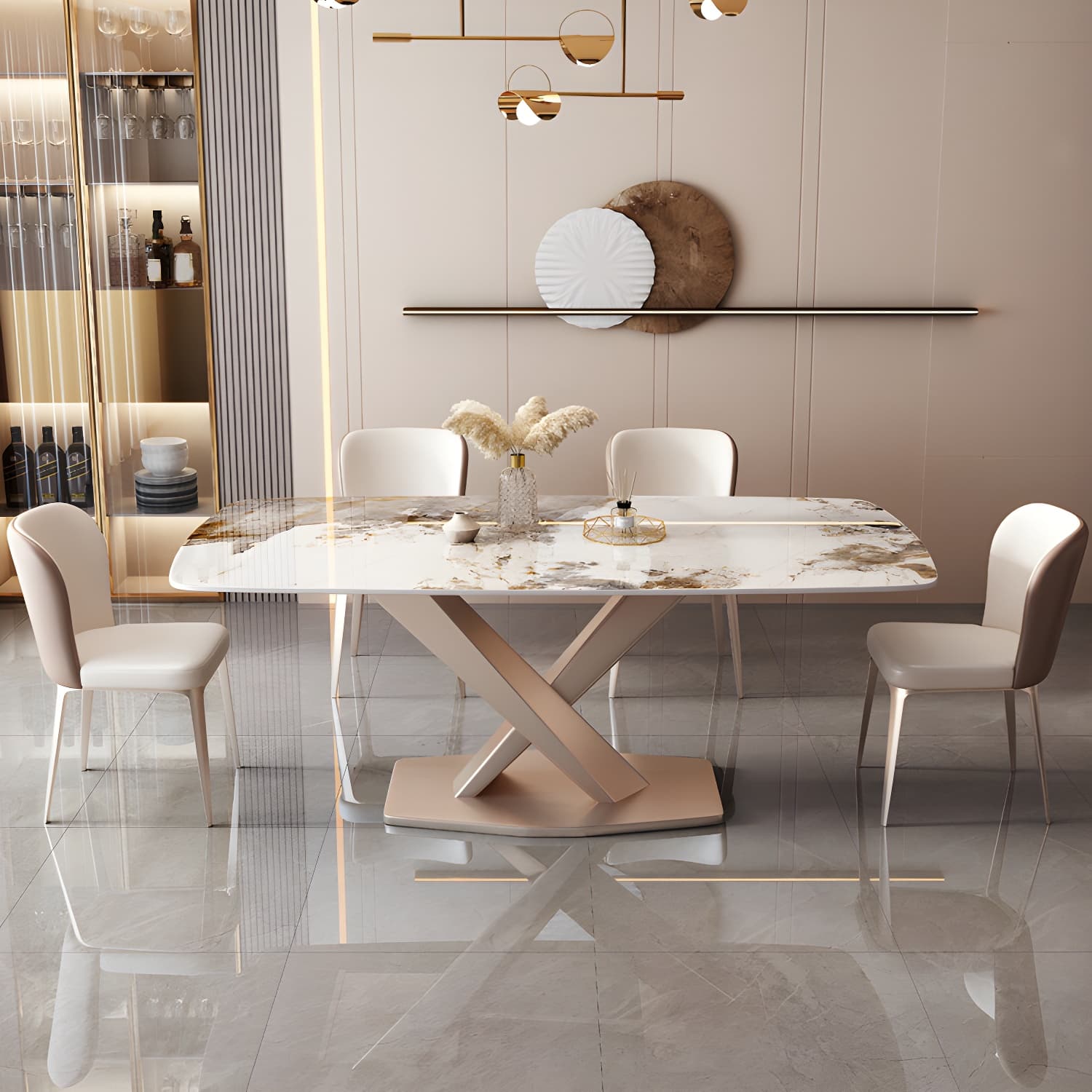 Modern Sintered Stone Top Dining Set Rectangle 1/2/5/7 Pieces Dinette Table Set in Gold