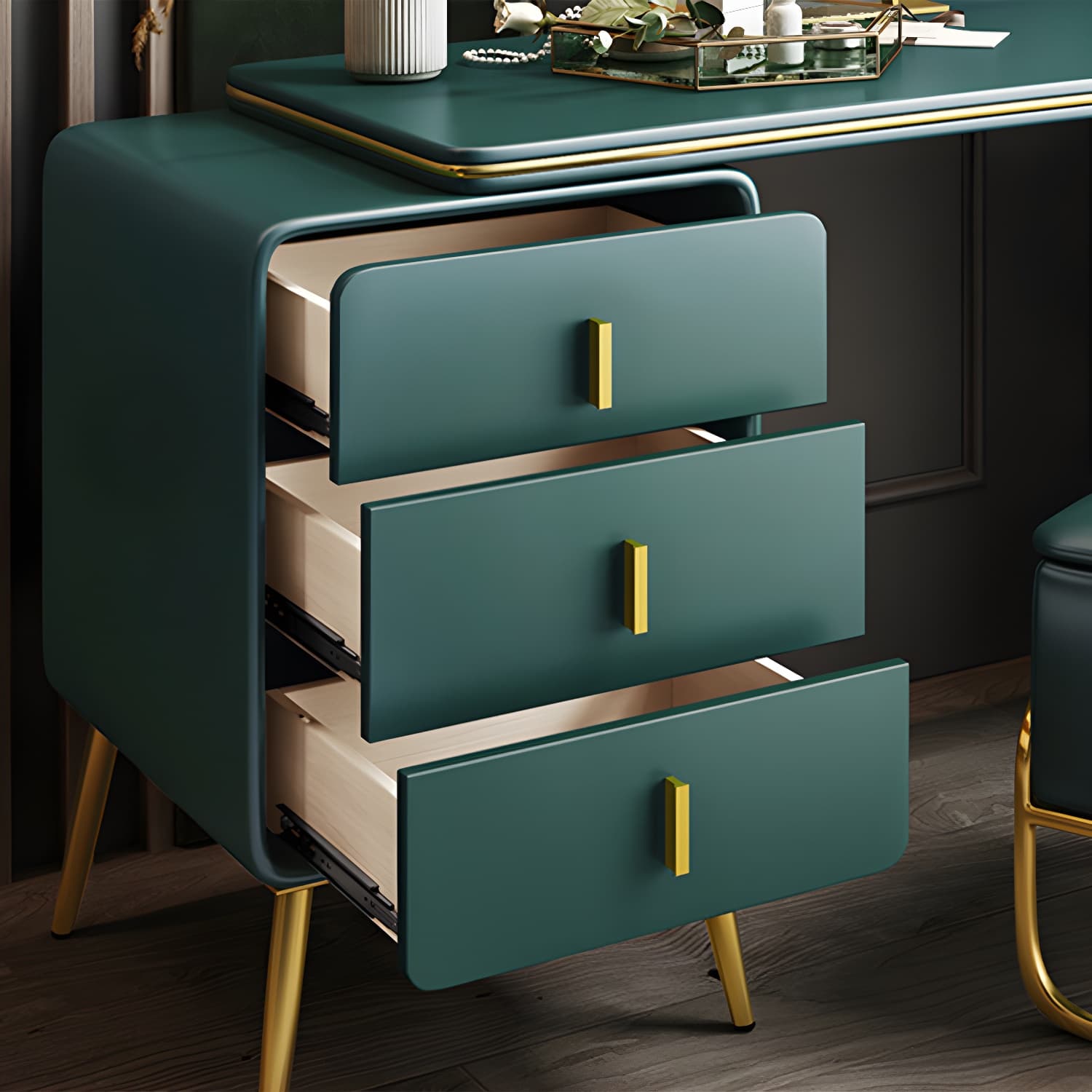 3 Drawers Make-up Vanity Set, 28.74" H Leather Vanity with Stool & Mirror - image 16