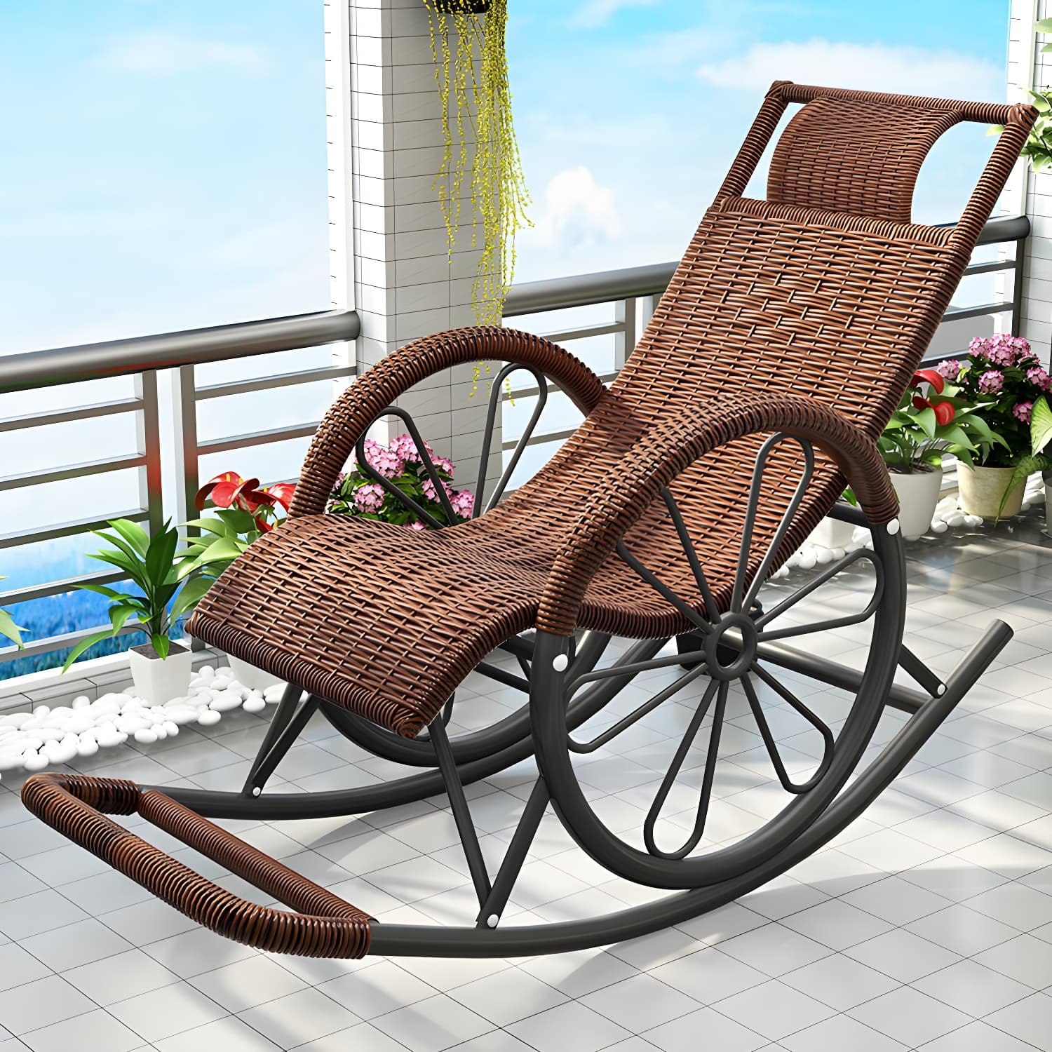 Modern Spindle Rattan Rocking Chair Metal Frame Wheel Handrail Design Rocker Chair - image 9