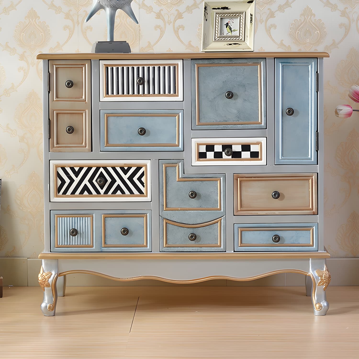 Industrial Painted Accent Cabinet with Drawers Solid Wood Chest - image 8