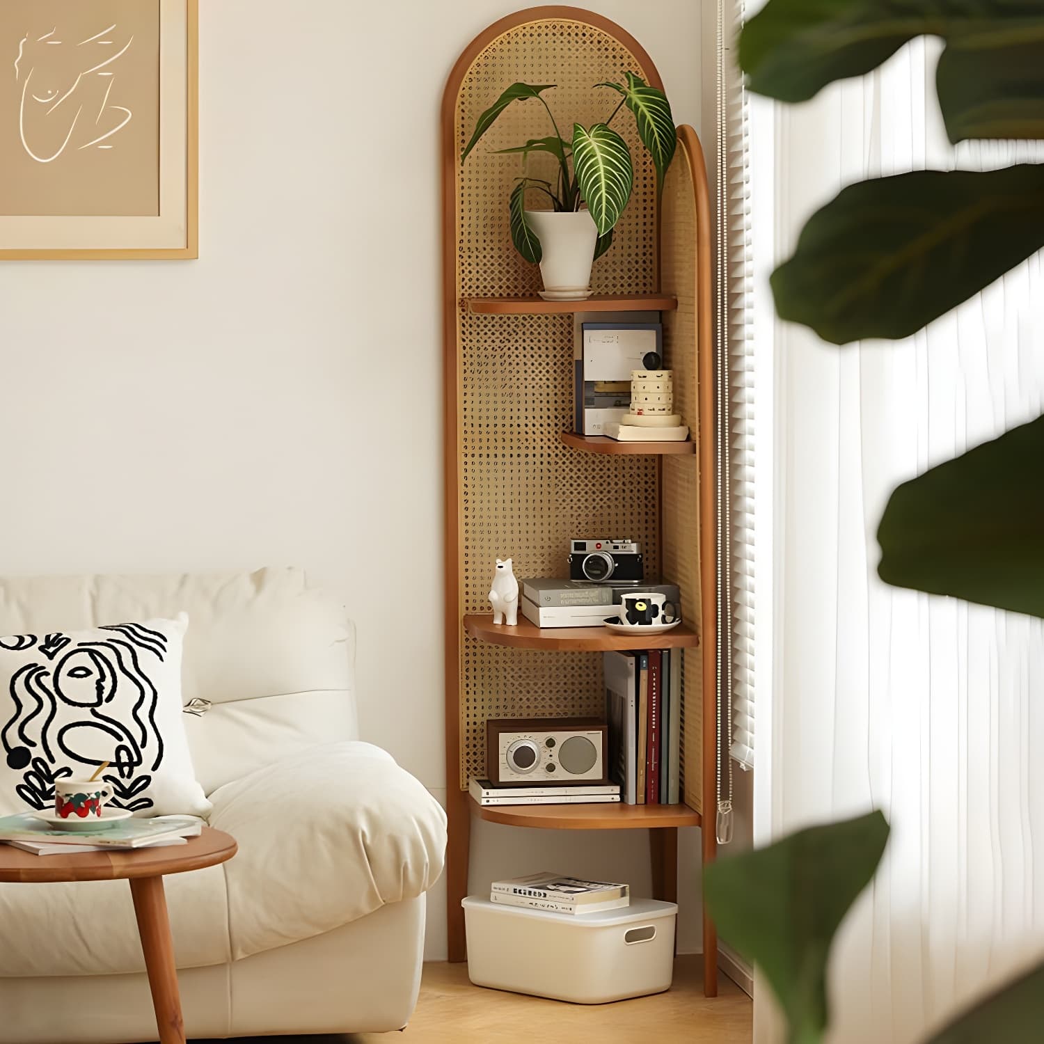 Scandinavian Corner Accent Chest with Natural Wood Counter Top and 4 Open Shelves - image 15