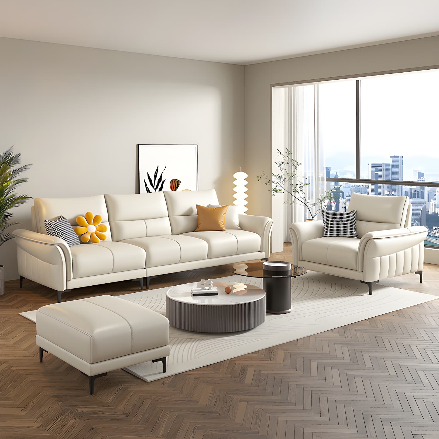 Contrast Flared Arm White Faux Leather Sectional Sofa with Cushion Back - image 4