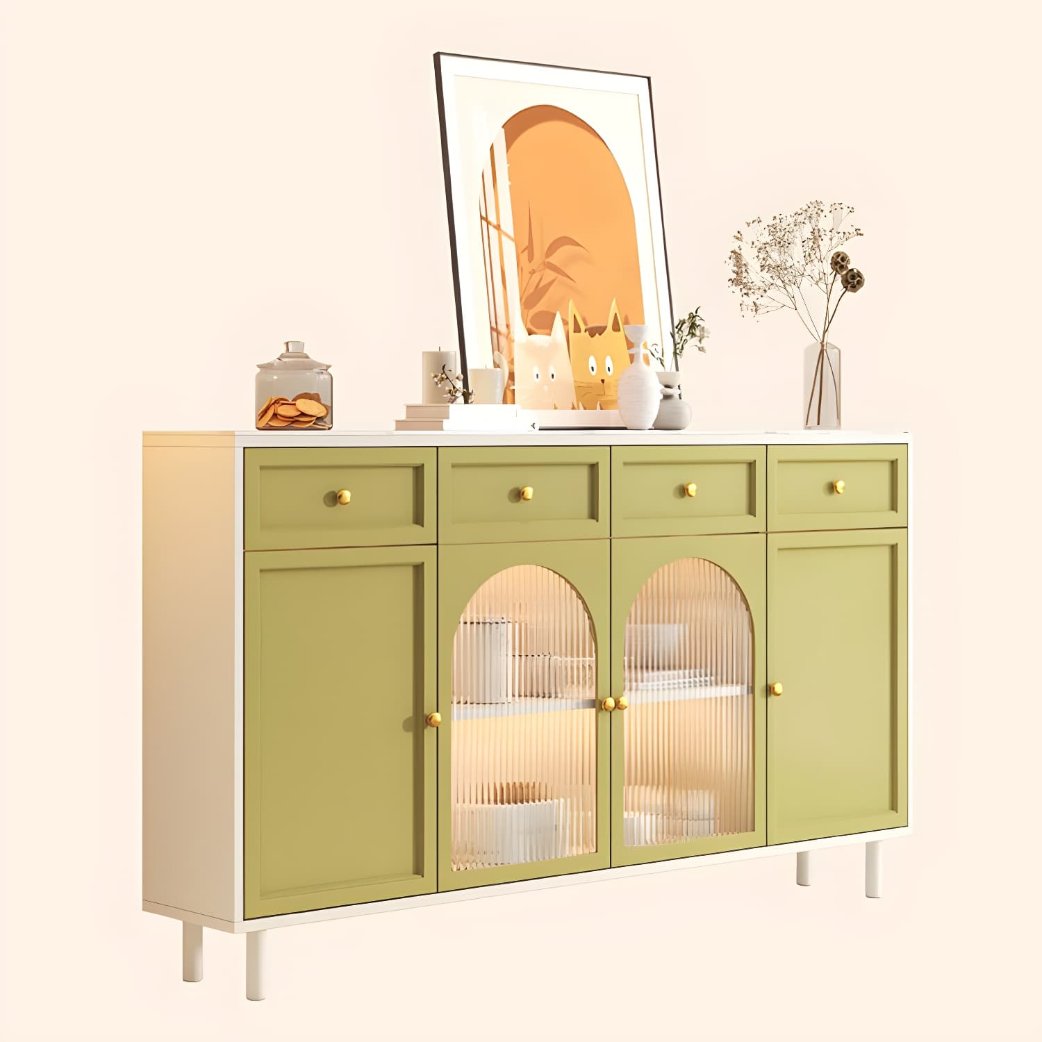 Scandinavian Wood Buffet Sideboard with Stone Countertop and Glass Doors - image 13