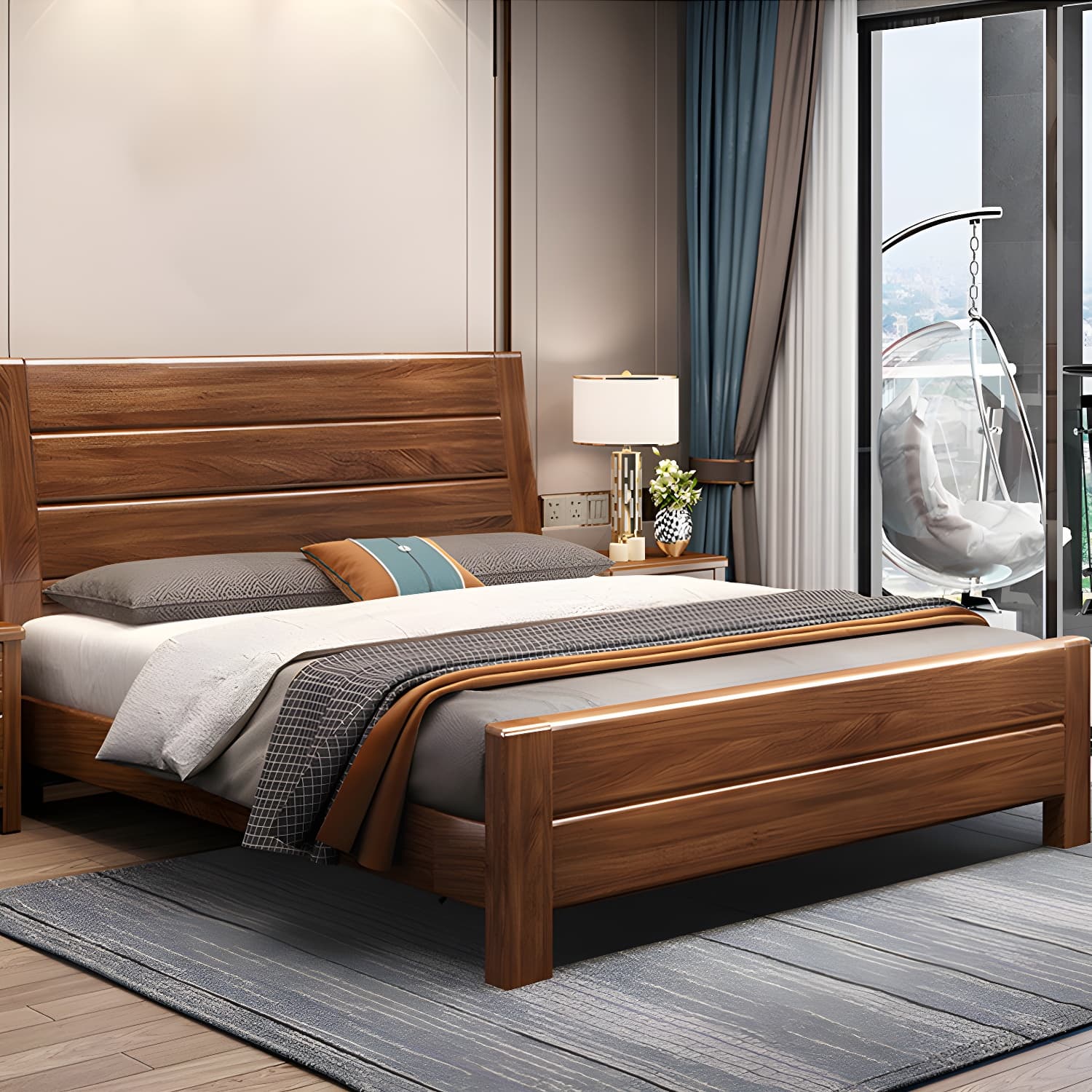 Mid-Century Modern Standard Bed Walnut Panel Bed with Headboard - image 15