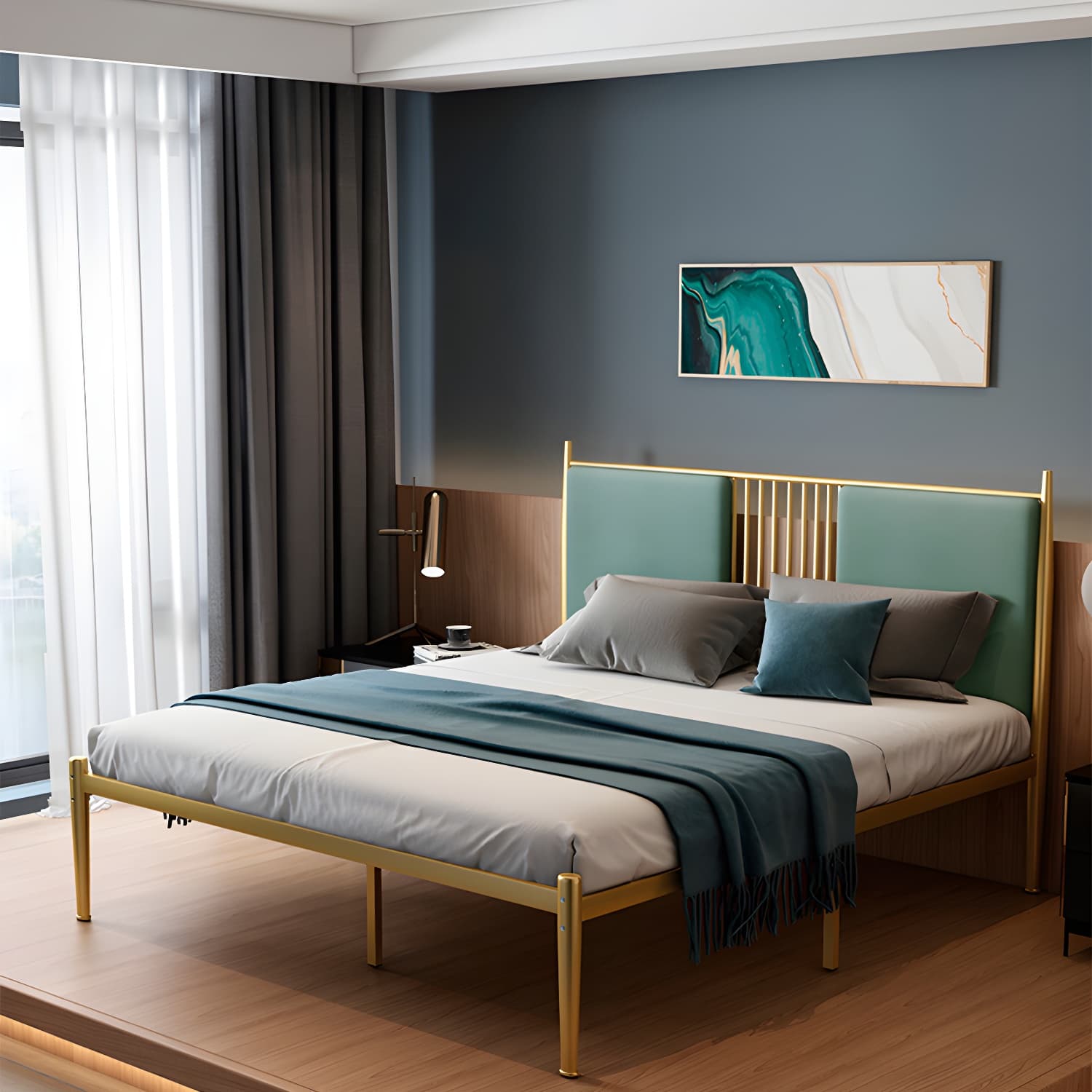 Golden Metal Bed Frame Set Glam 47.24" H Wire-Grid Open-Frame Bed with Headboard - image 6