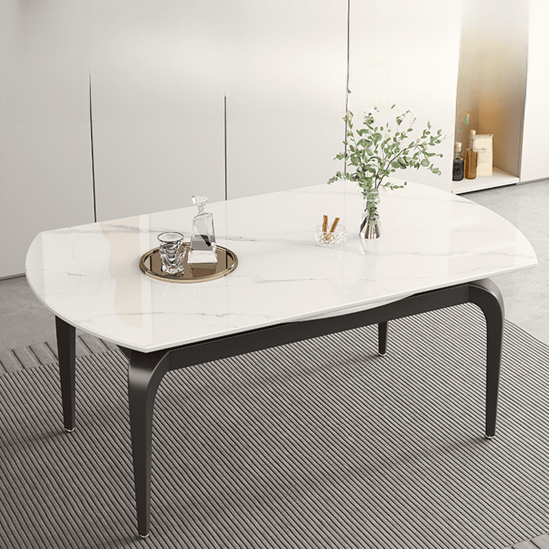 Minimalist Rounded Slate Stone Dining Table Set with 4 Legs and Padded Chair Back, Available in 9-piece/7 Piece Set/5-piece