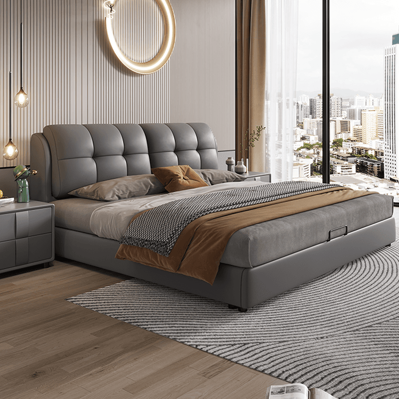 Grey Solid Color Storage Bed/Platform Bed with Timber Frame and Button-tufted Design for Living Room