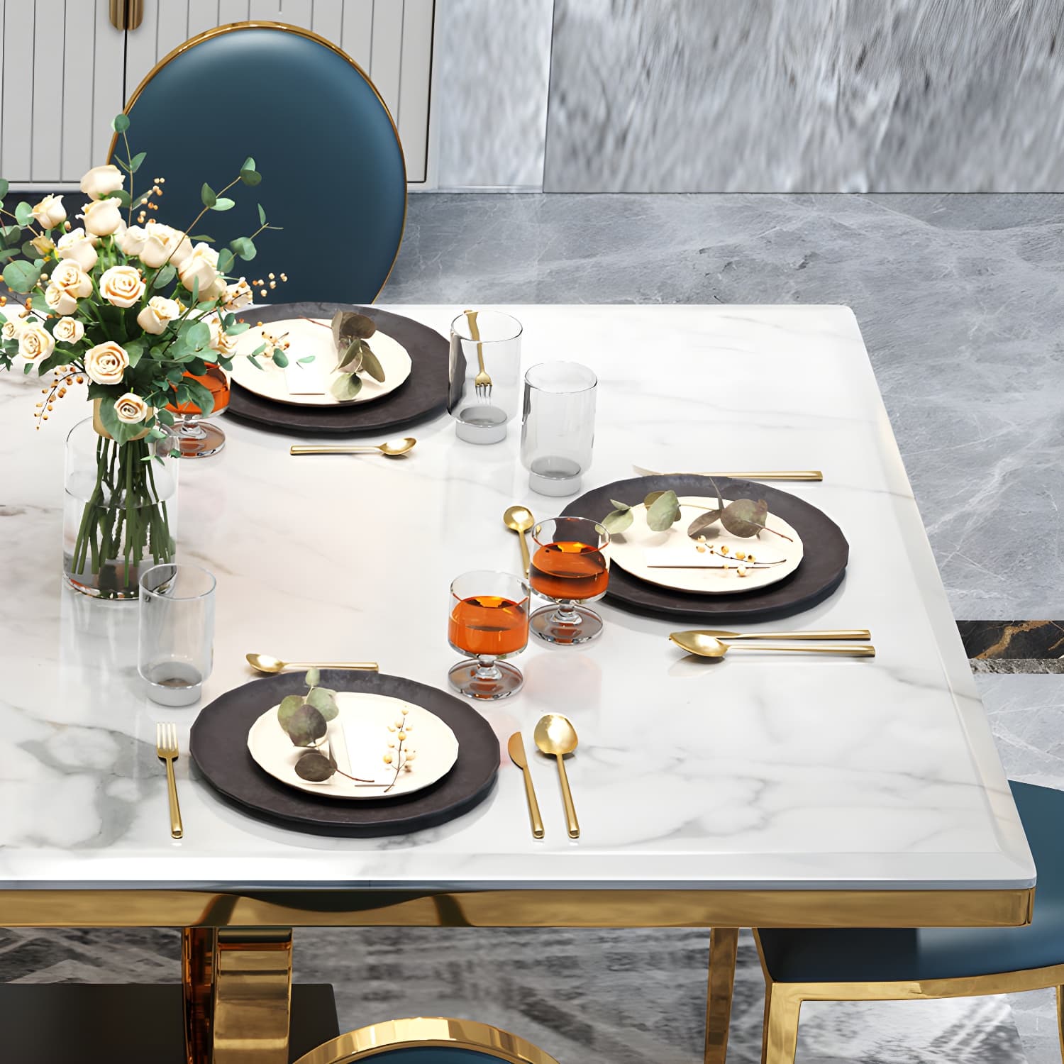White Stone Top Table Luxury Rectangle Gold Base Dining Table - image 7