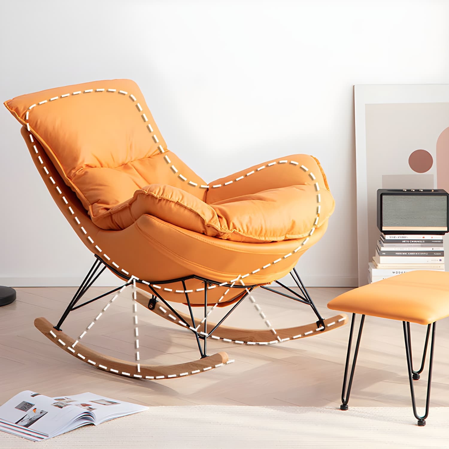 Modern Glider Chair Solid Pure Color Faux Leather Rocker Chair with Ottoman - image 11