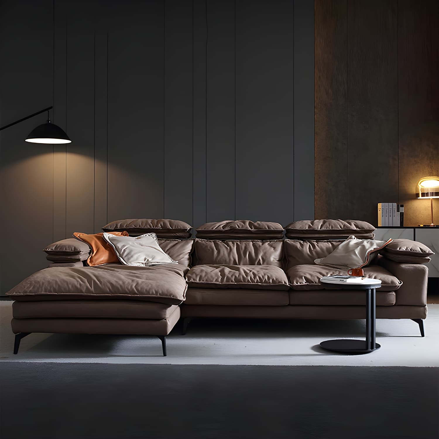Mid-Century Modern Brown Tech Cloth Sectional Sofa with Wood Frame and Pillow Top Arms