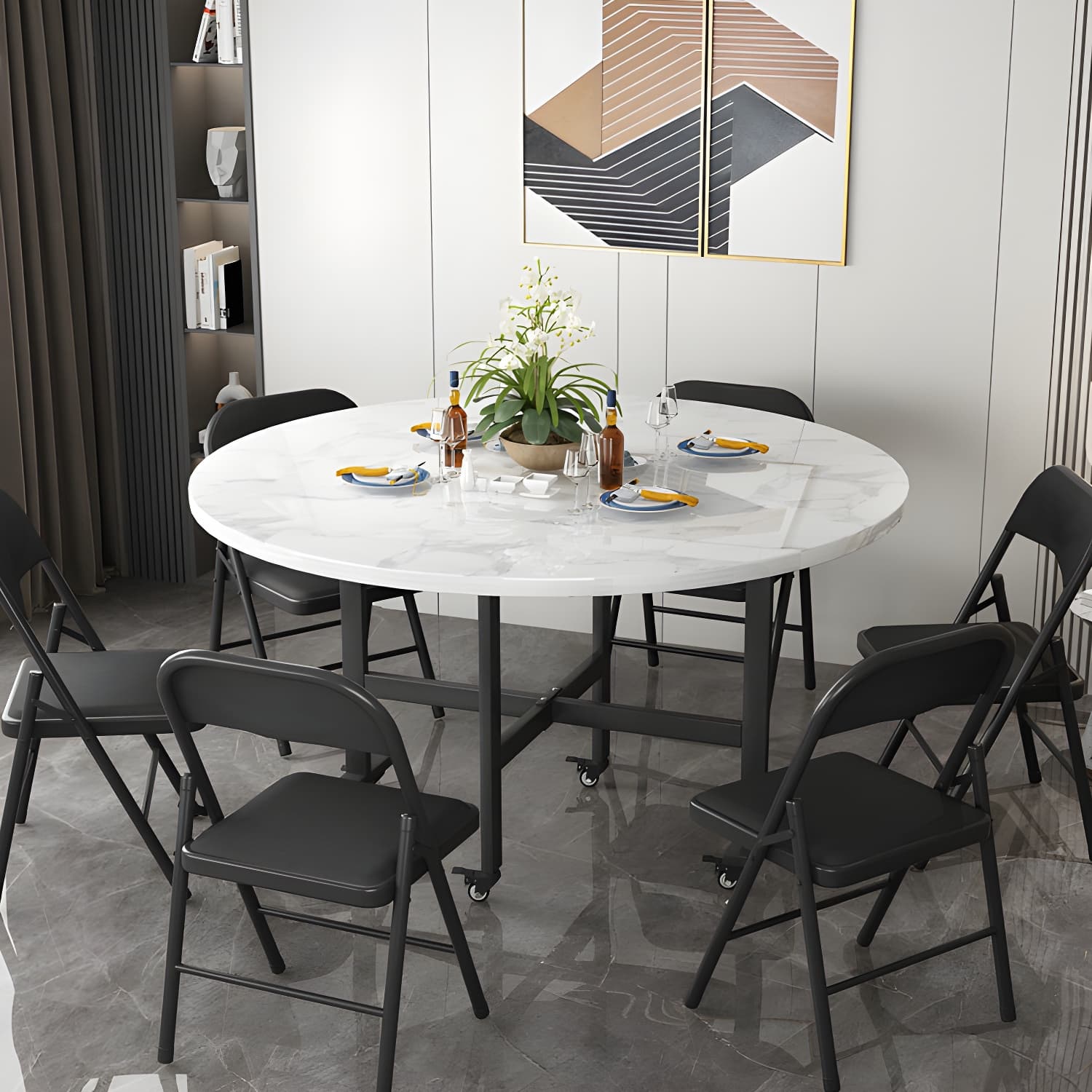 Modern Foldable Dining Table Round Wood Tabletop with Metal Legs - image 7