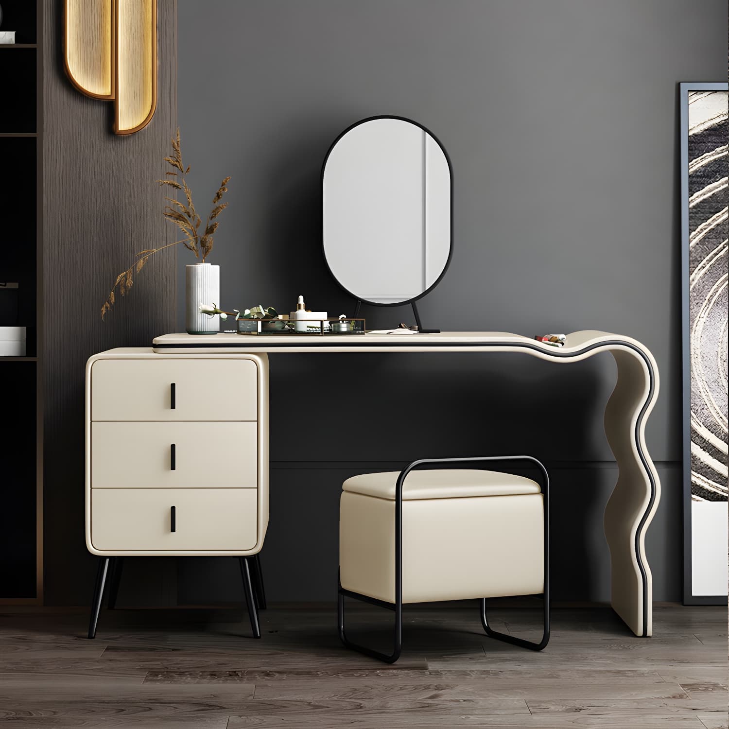 3 Drawers Make-up Vanity Set, 28.74" H Leather Vanity with Stool & Mirror - image 13
