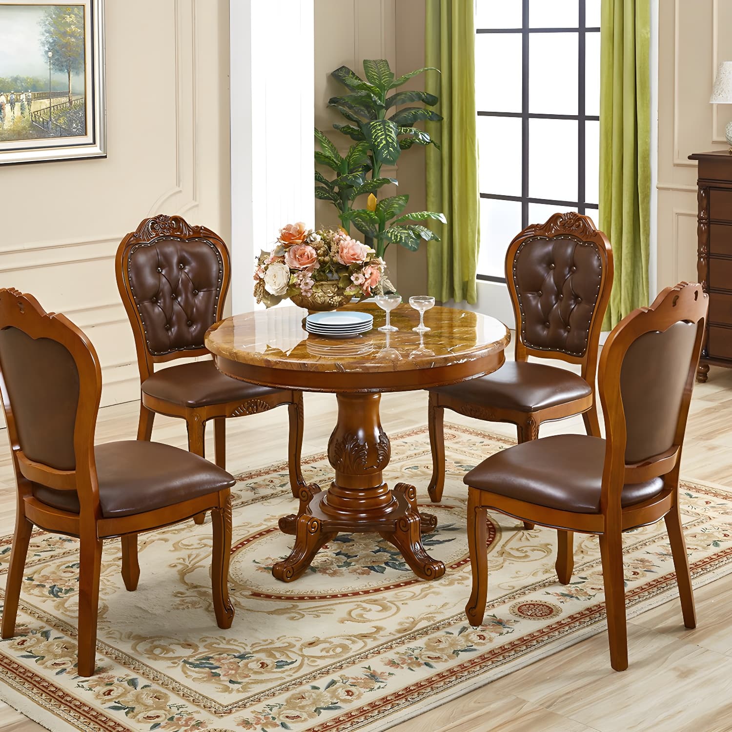 Round 4 Legs Victorian Style Dining Table Sintered Stone Fixed Table for Kitchen