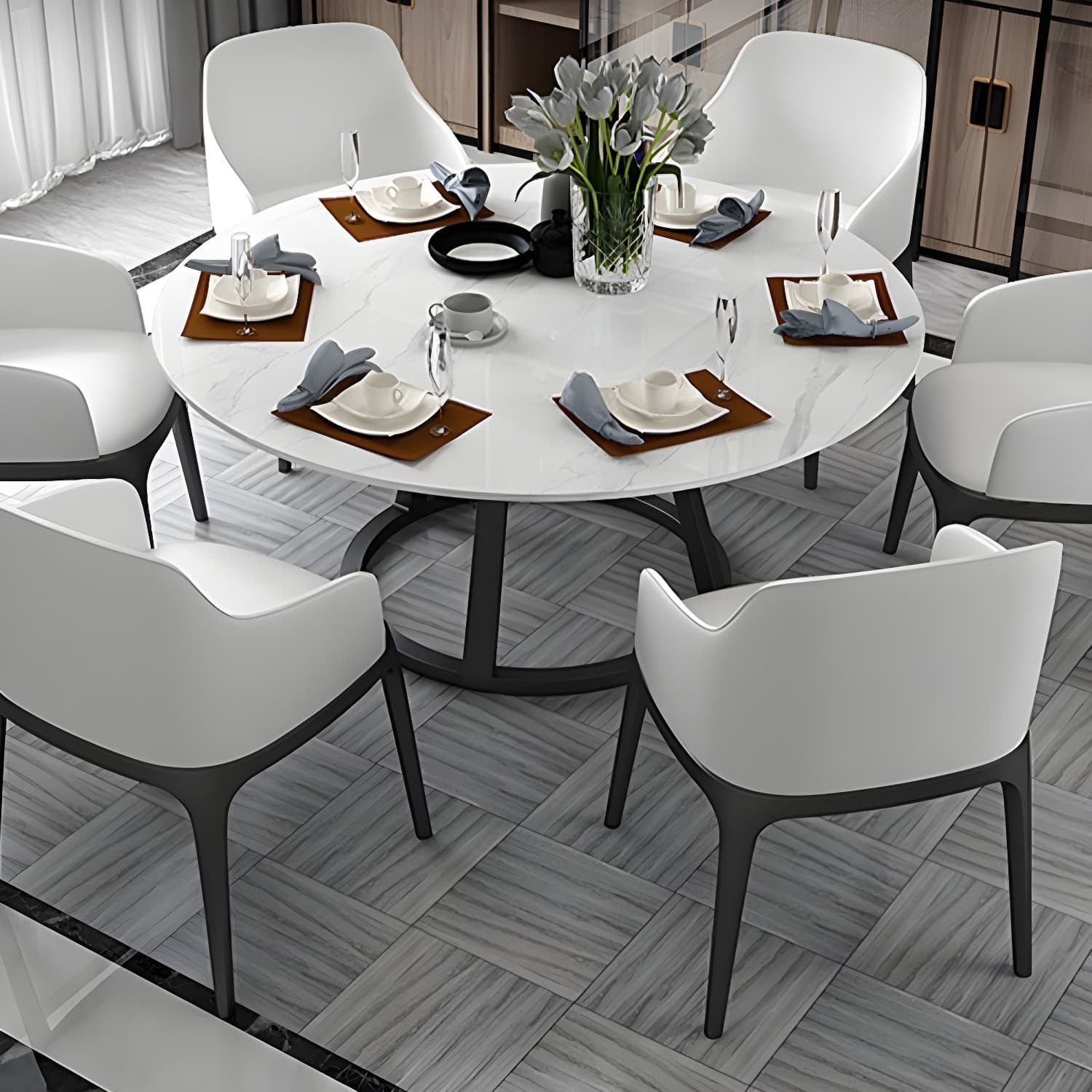 Round Marble Top Dining Table in White Traditional Luxury Dining Table - image 5
