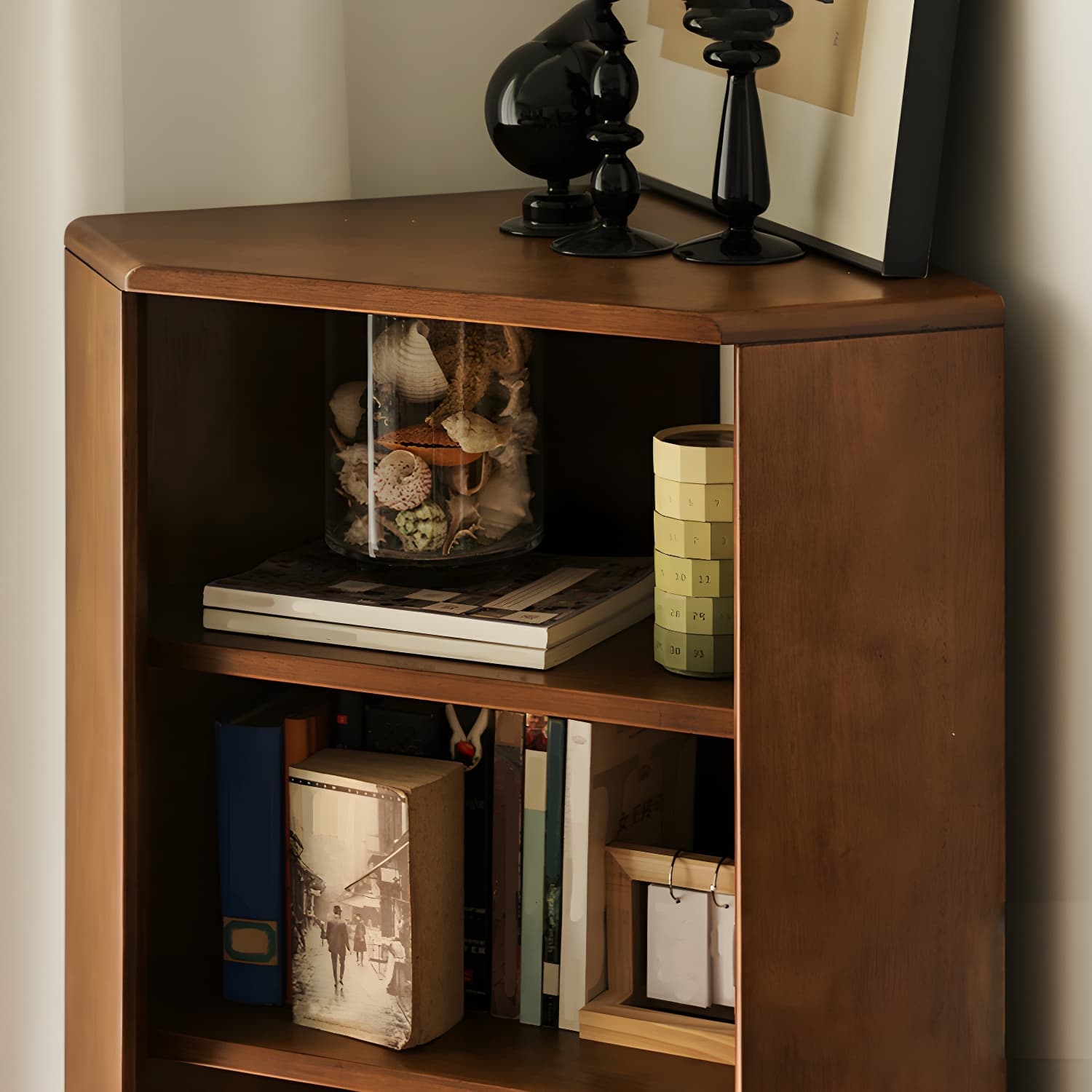 Corner Mid-Century Modern Accent Cabinet with Wood Countertop, Glass Doors, and 5 Shelves - image 10