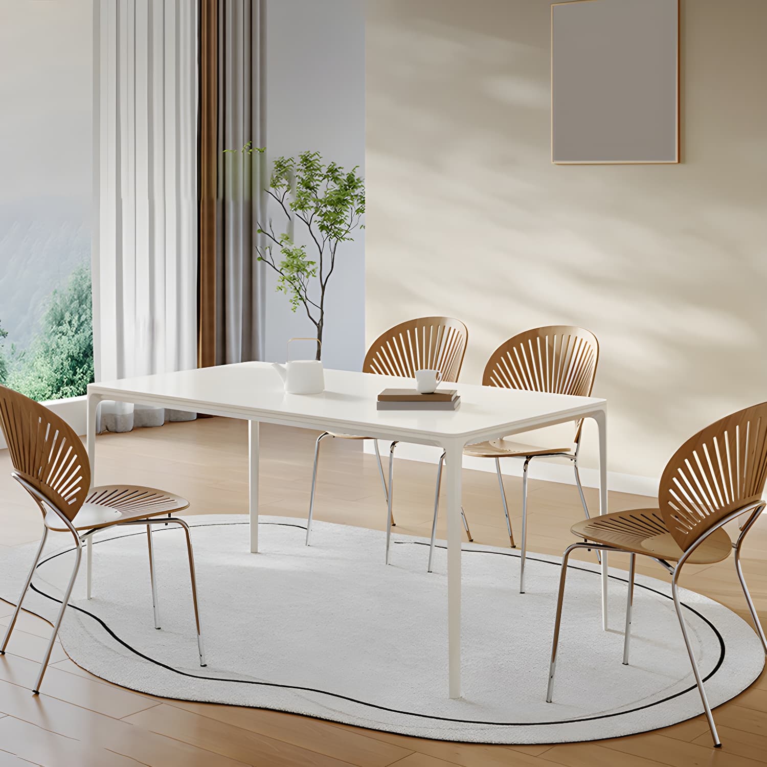Modern Space Saving Rectangular White Stone Top with 4 Metal Legs
