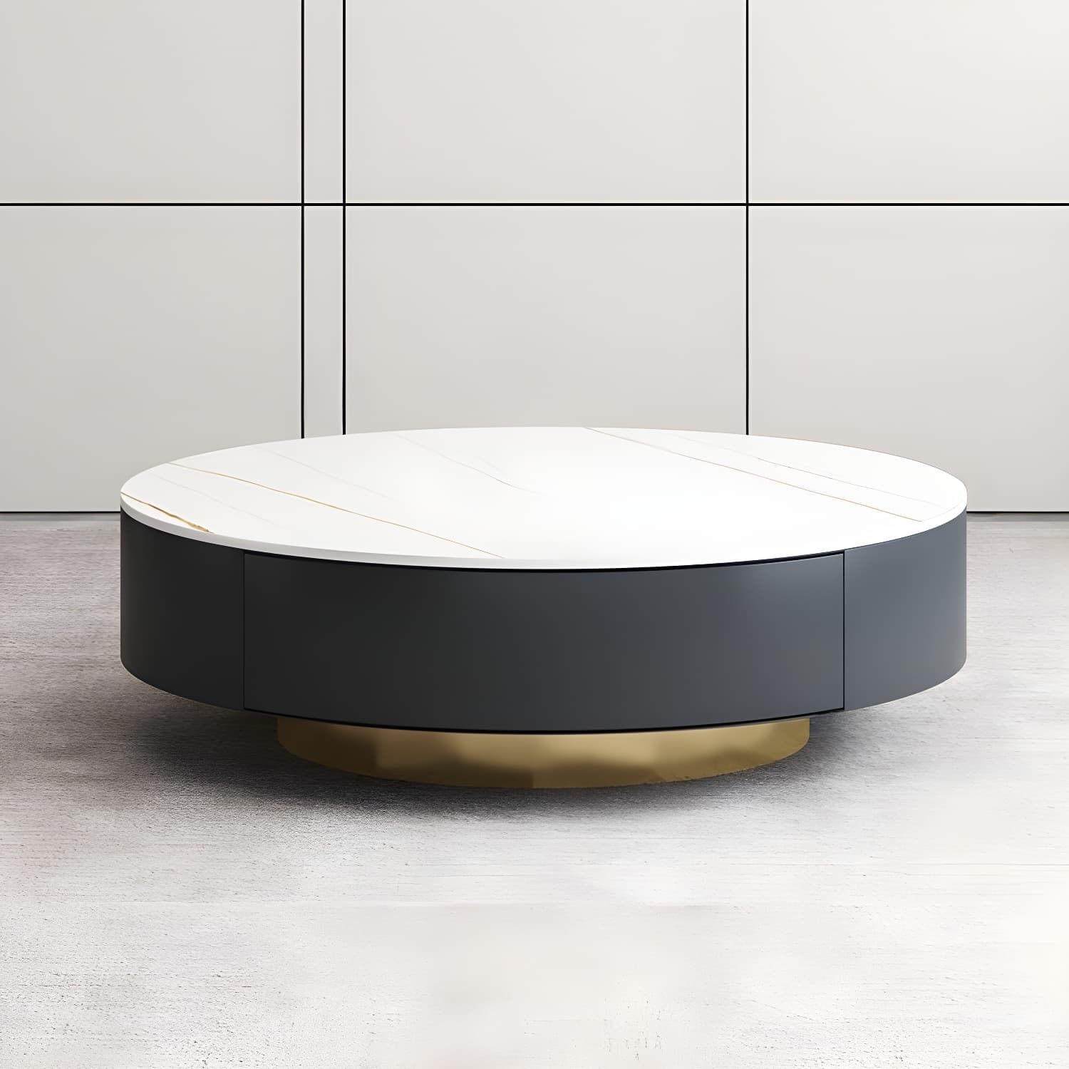 Elegant Gold Metal Drum Coffee Table with Stone Top and Storage Drawers - image 16