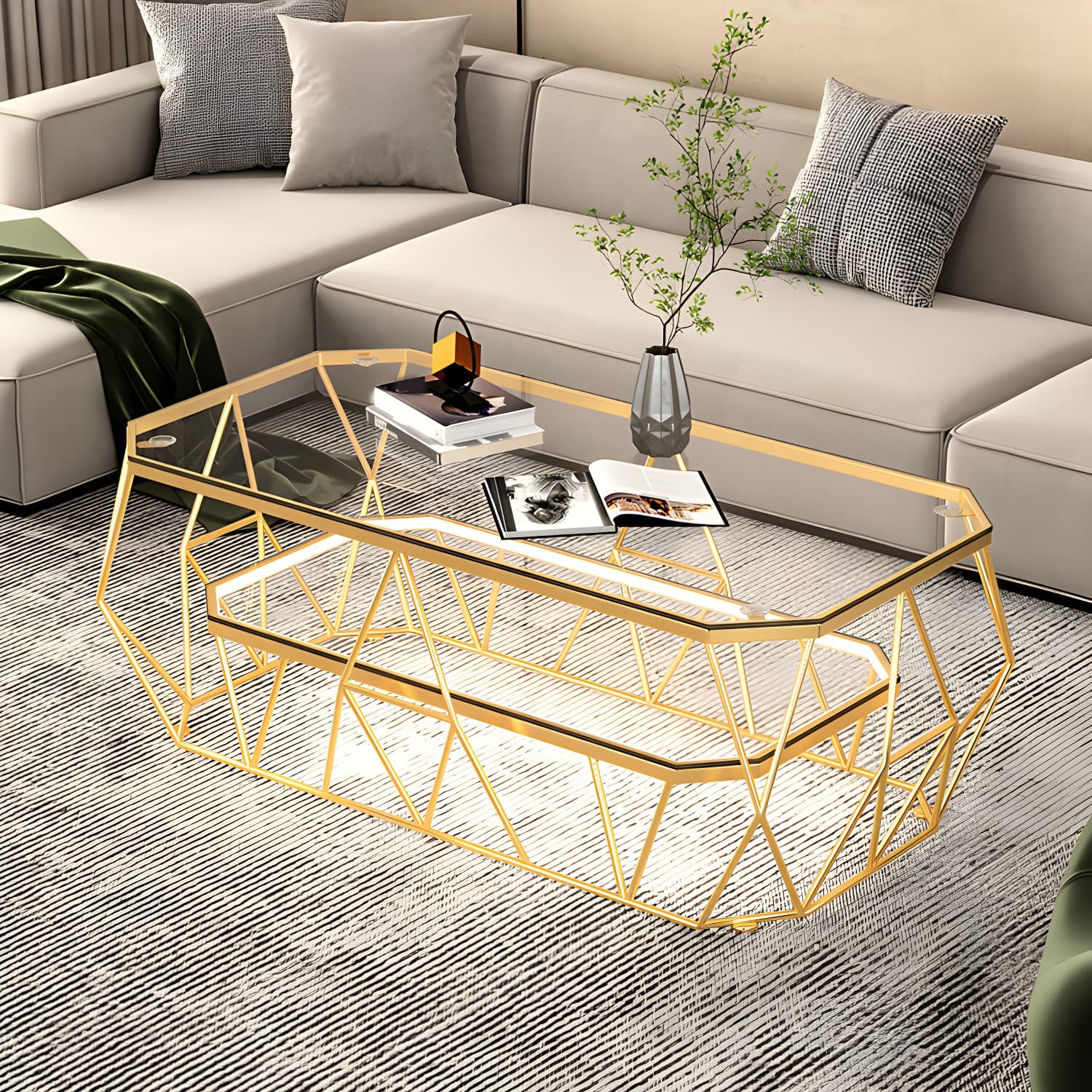 Octagon Glass Glam Coffee Table with Gold Iron Frame and Tempered Glass Top