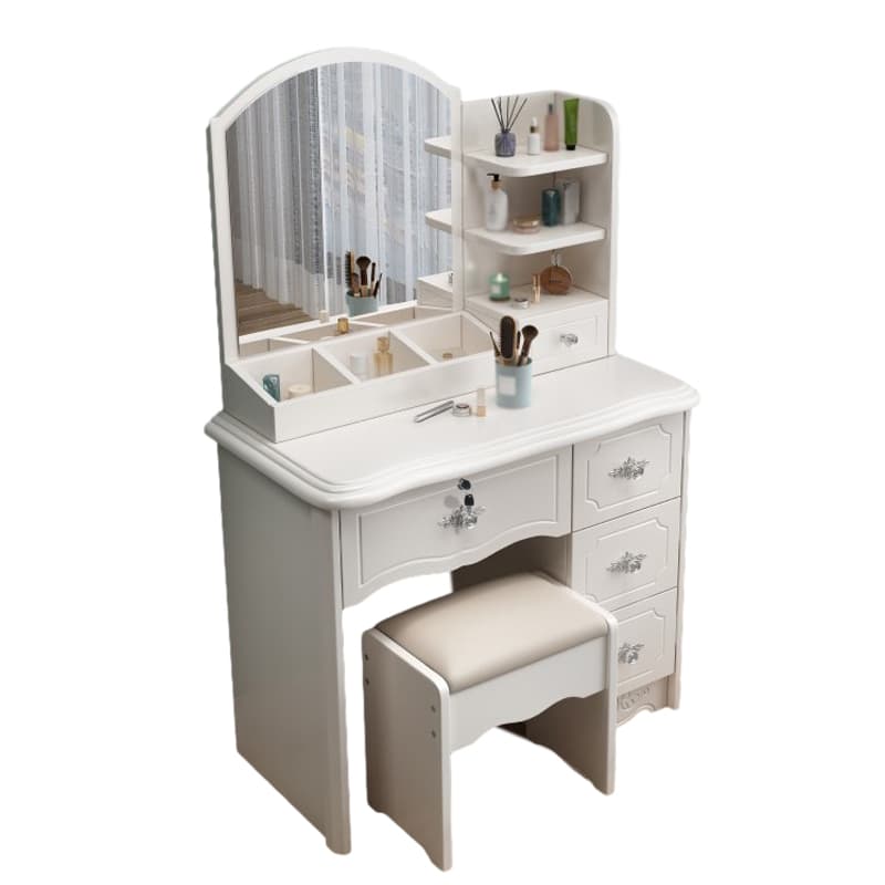 Modern White Wood Makeup Vanity with Seating & Standing Mirror - image 5