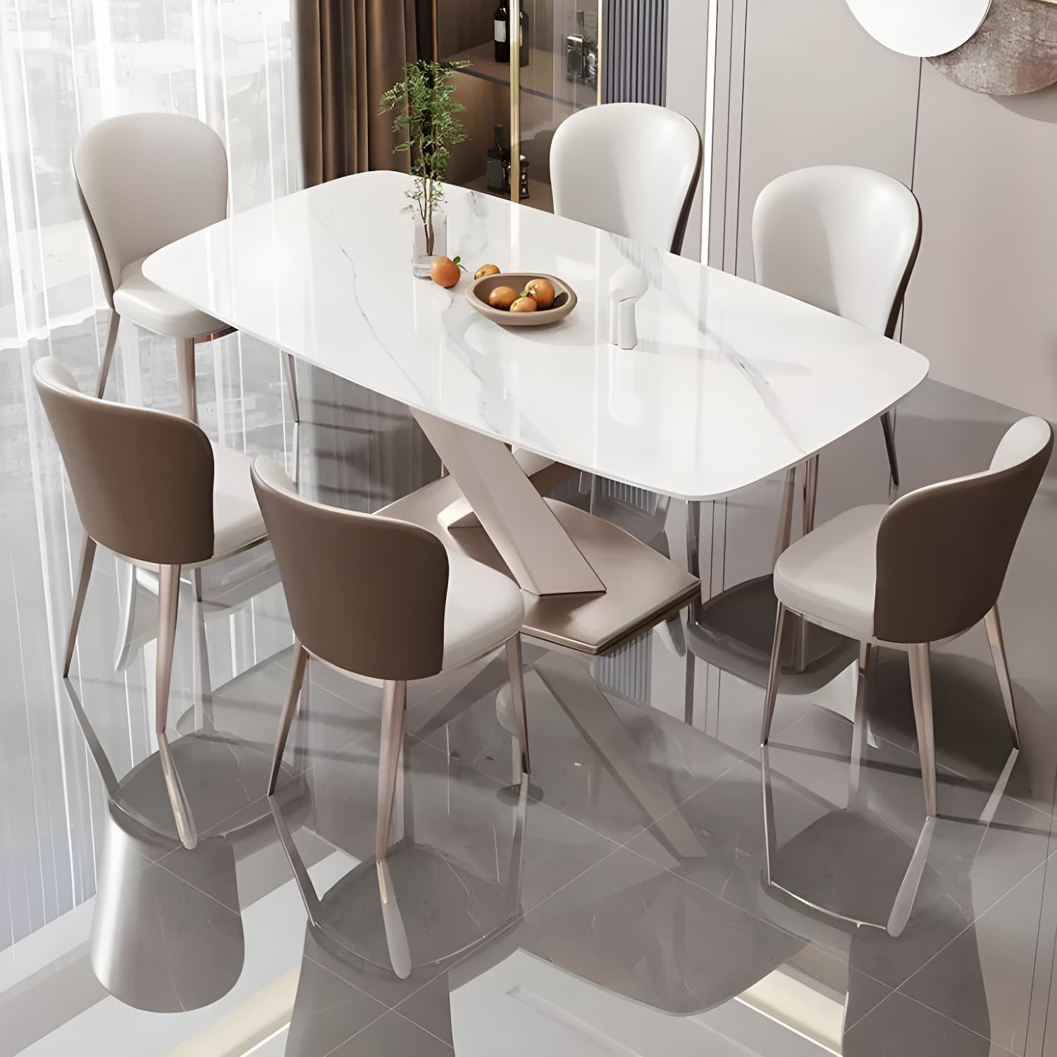 Modern Metal Dining Table in White with Pedestal Base and Violet Accents - image 4