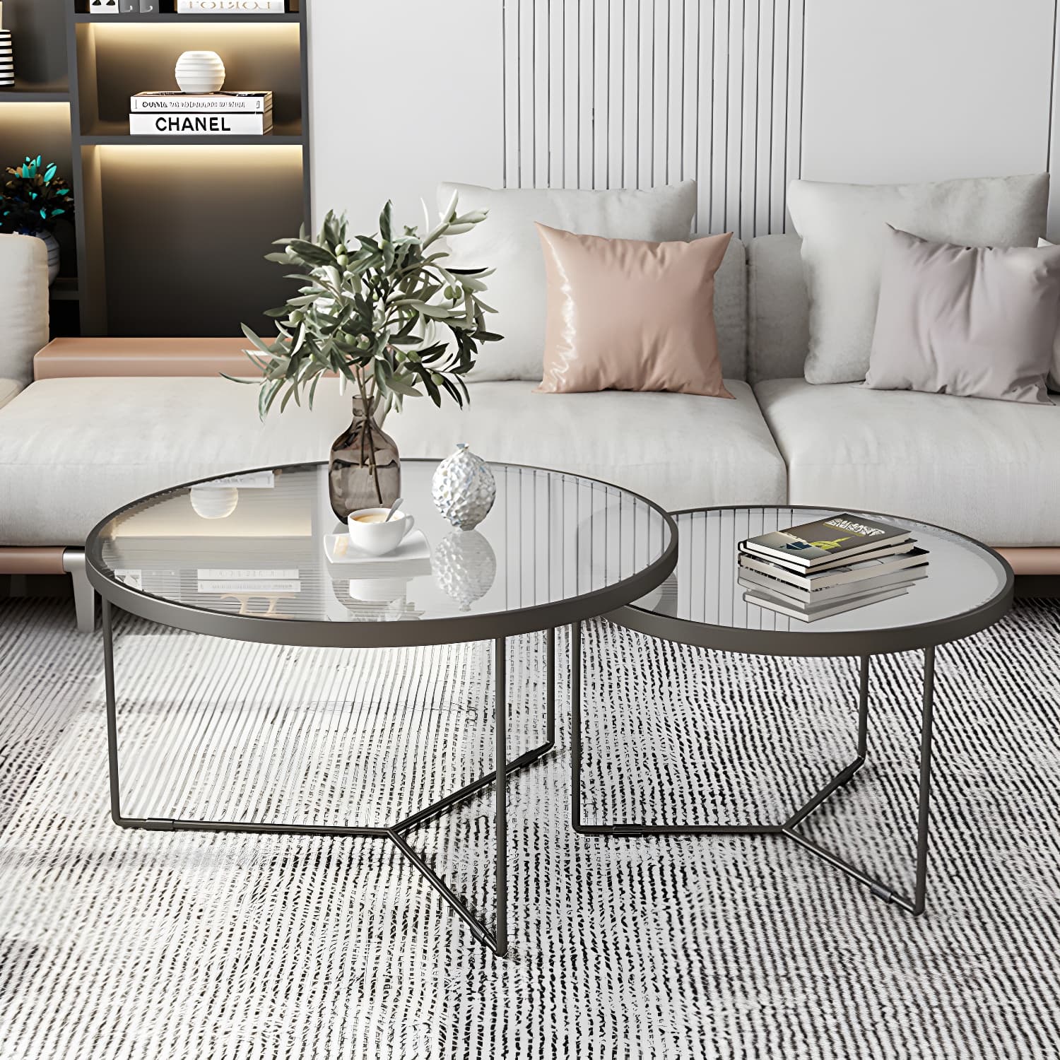 Set of Two - Glam Style Glass Top Coffee Nesting Tables With Metal Base - image 11