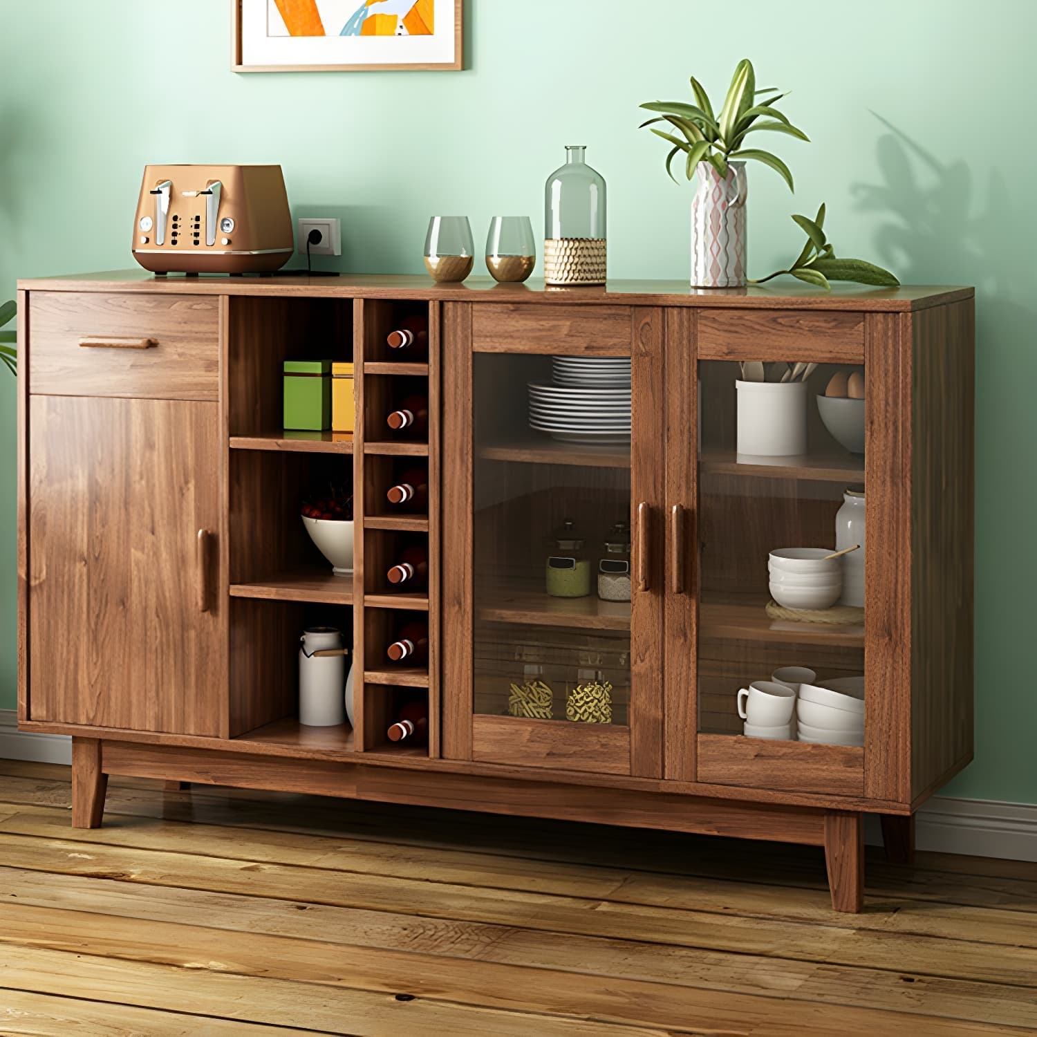 Modern Brown Wood Buffet Sideboard with Glass Doors and Drawers