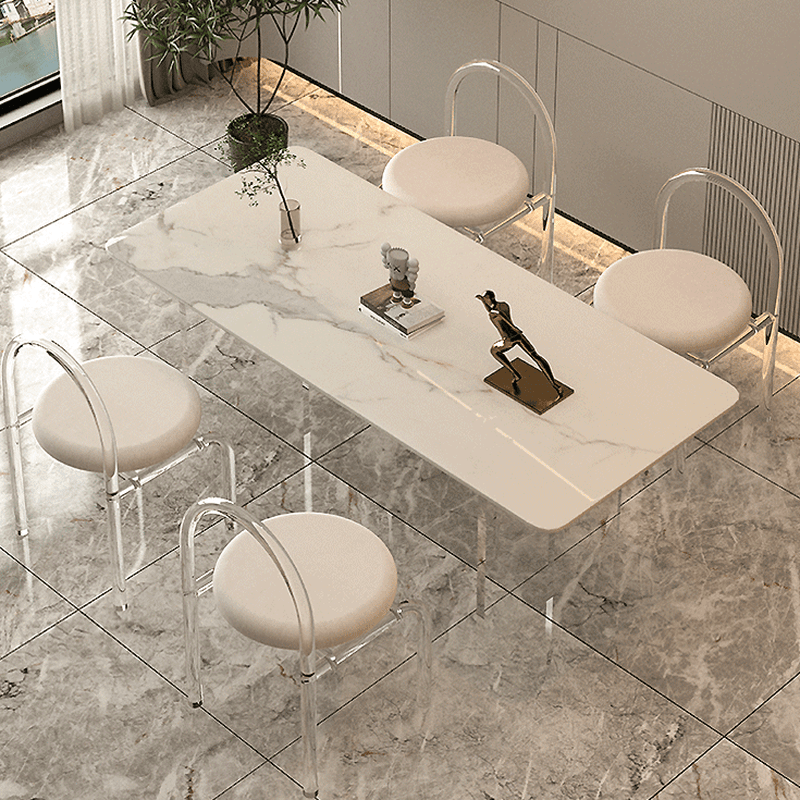 Dining Table Set with Rectangular White Slate Stone Top, Two-sided Pedestal Base, and Padded Chair with Back - image 3