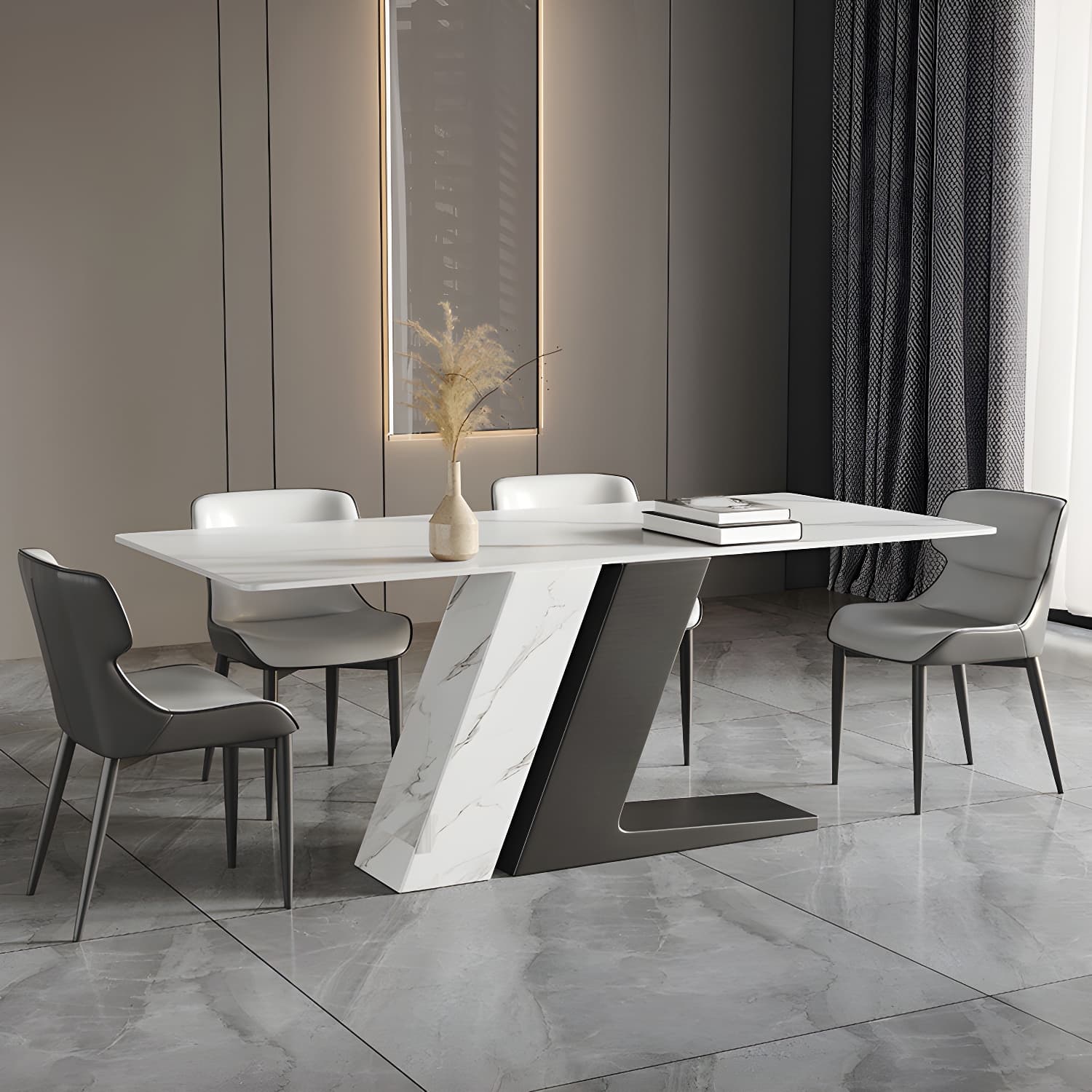 Modern Sintered Stone Top Dining Set Rectangle 1/2/5/7 Pieces Dinette Table Set in White
