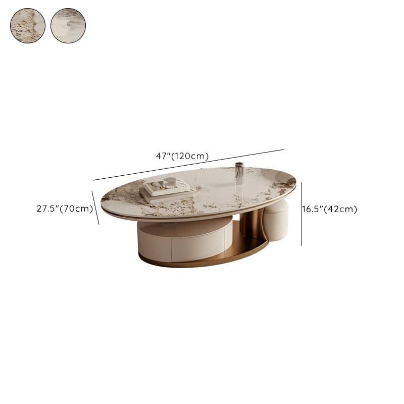 Luxurious Oval Stone Cocktail Table in White with Storage Drawer - image 12