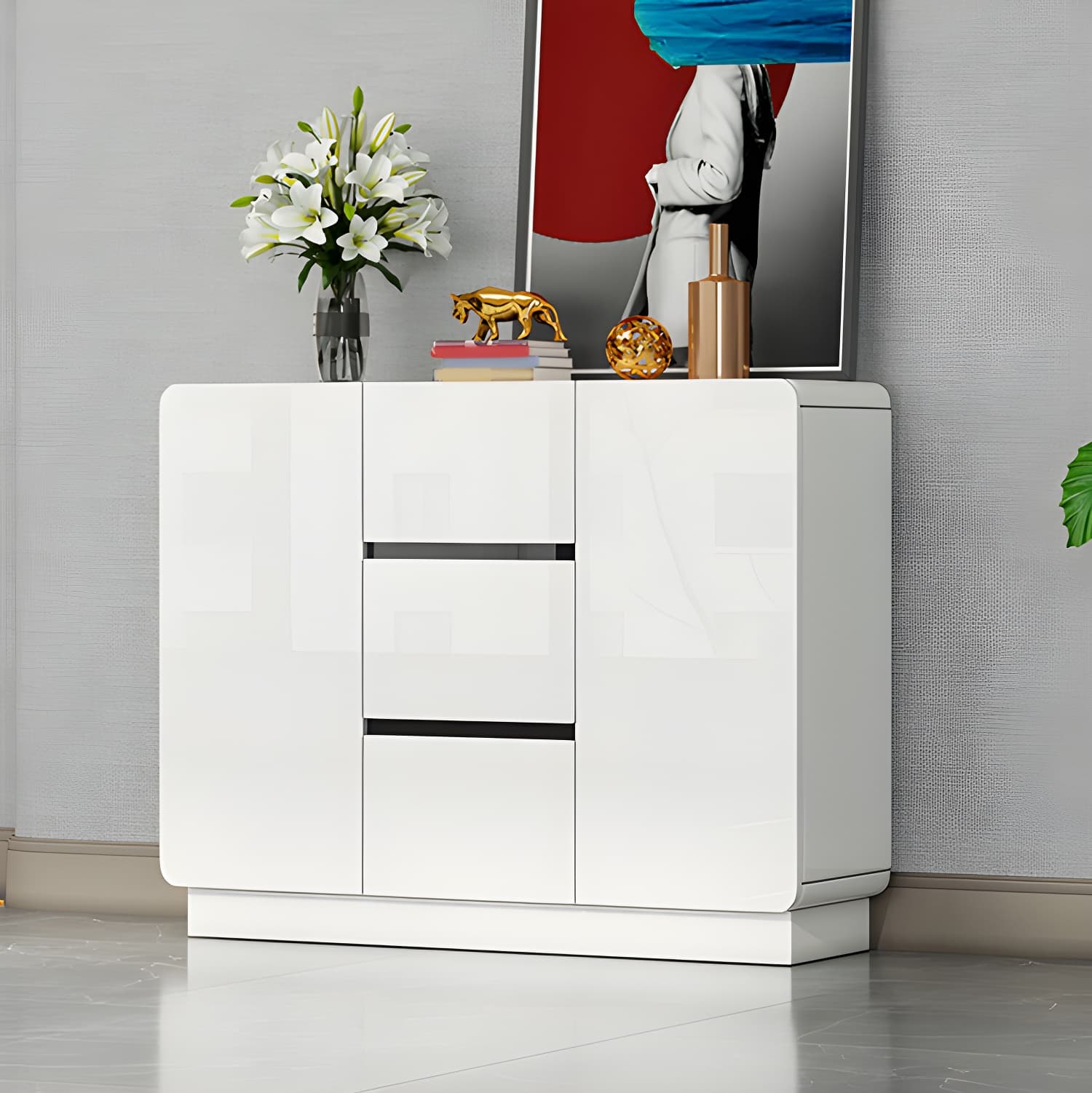 White Modern Sideboard Credenza with Adjustable Shelving and 3 Drawers - image 11
